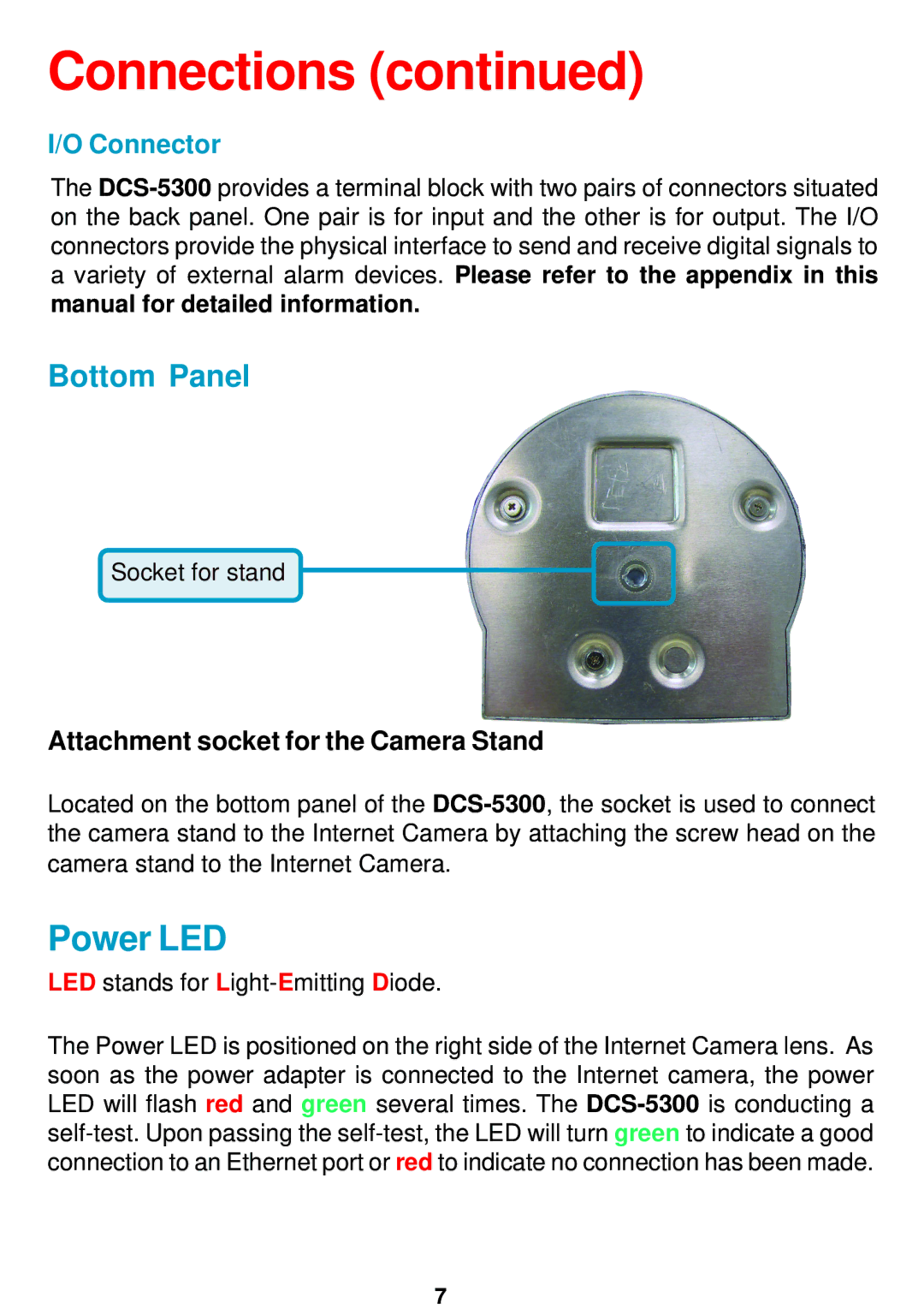 D-Link DCS-5300 manual Bottom Panel, Attachment socket for the Camera Stand 