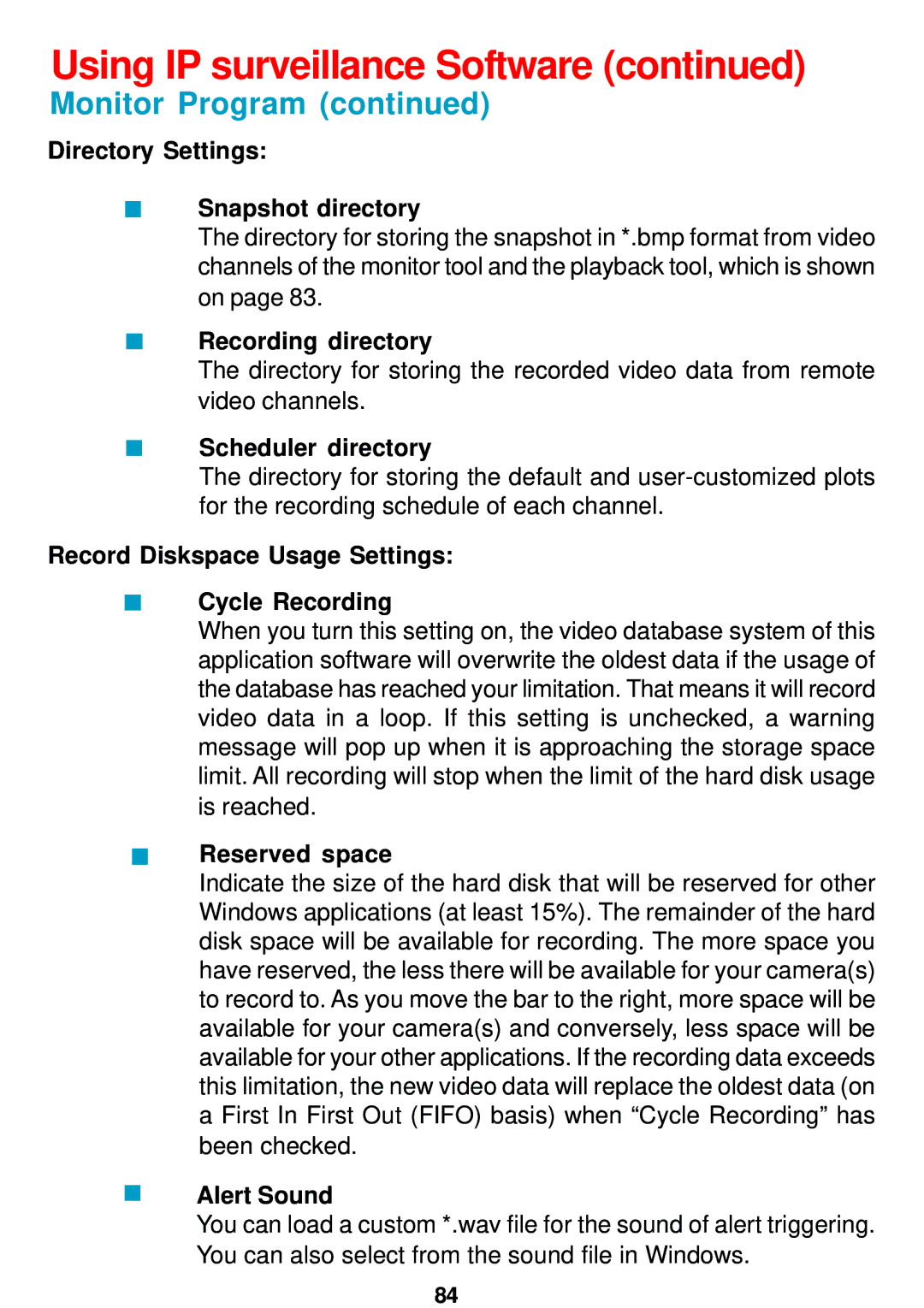 D-Link DCS-5300 manual Directory Settings Snapshot directory, Recording directory, Scheduler directory, Reserved space 