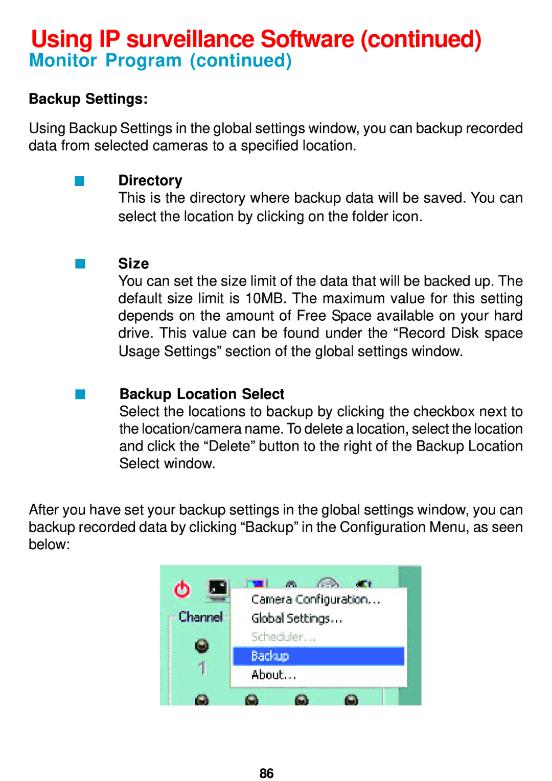 D-Link DCS-5300 manual Backup Settings, Directory, Size, Backup Location Select 