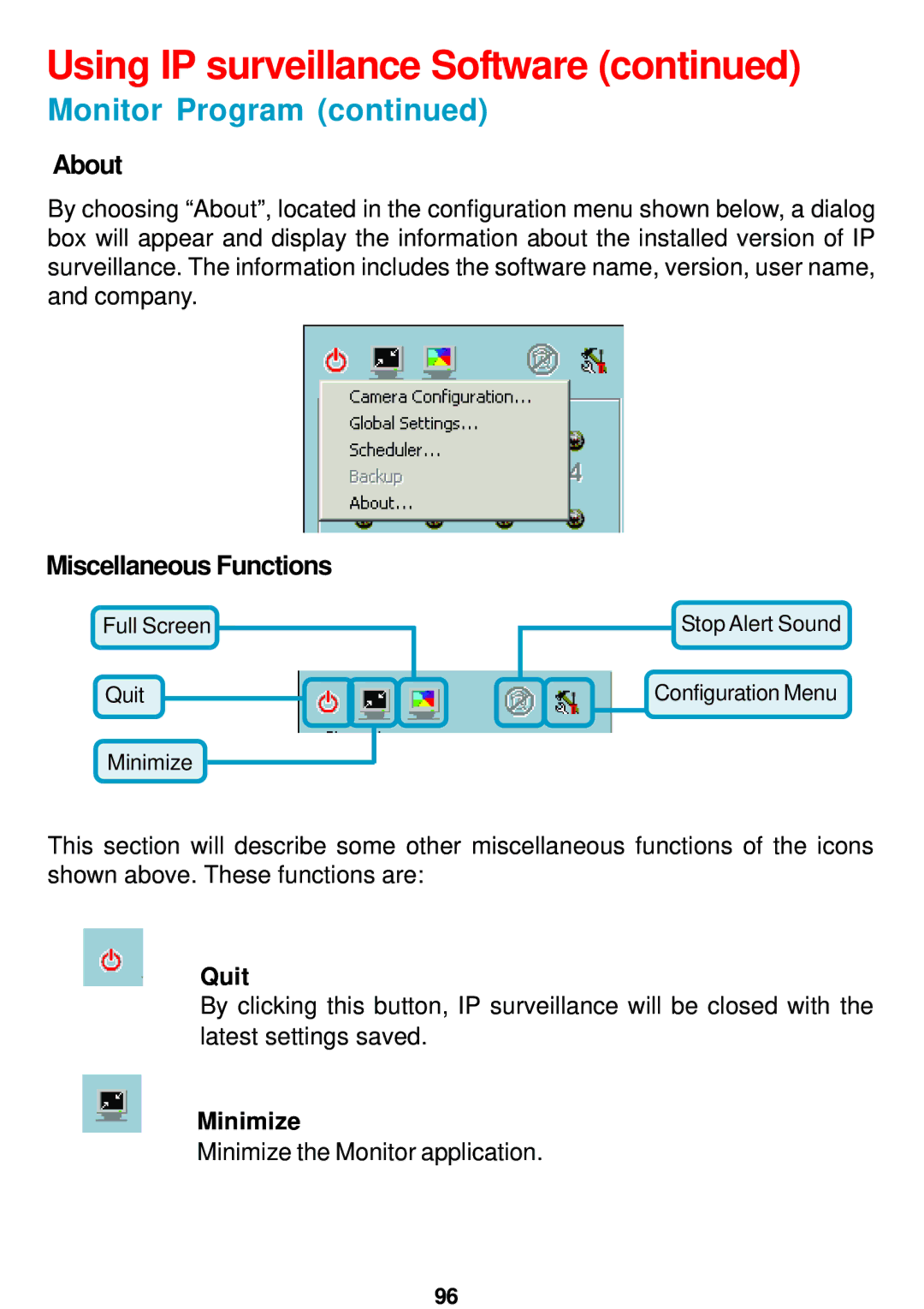 D-Link DCS-5300 manual About, Miscellaneous Functions, Quit, Minimize 