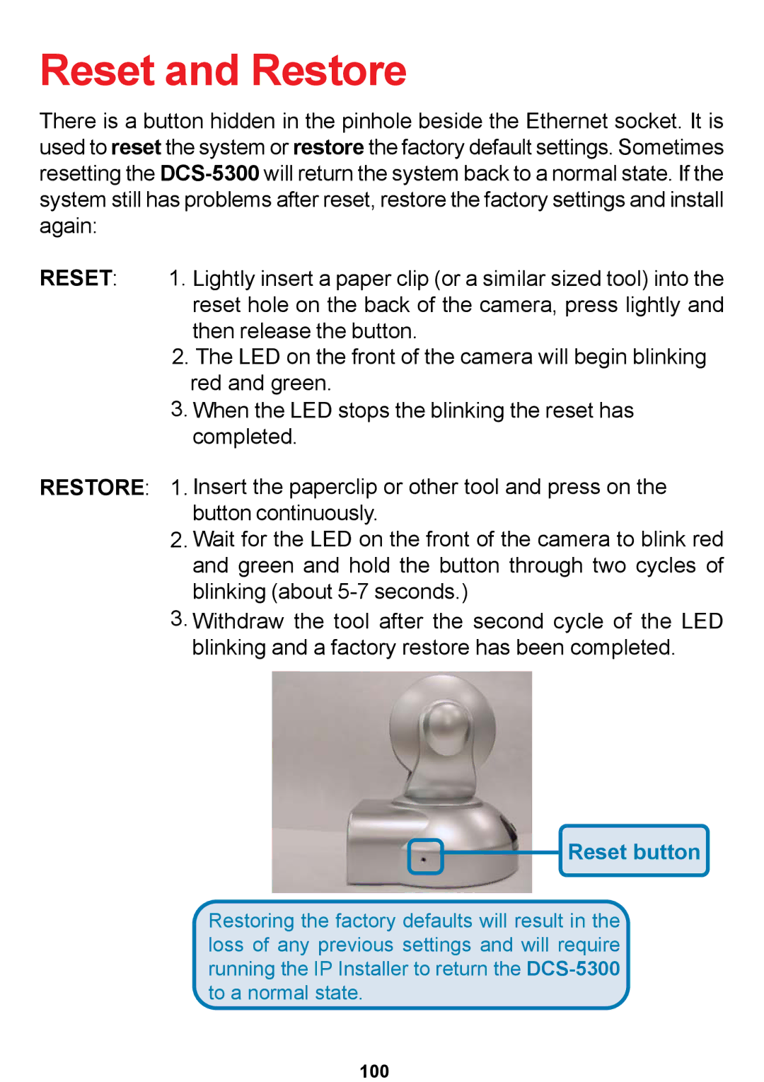 D-Link DCS-5300 manual Reset and Restore, Reset button 