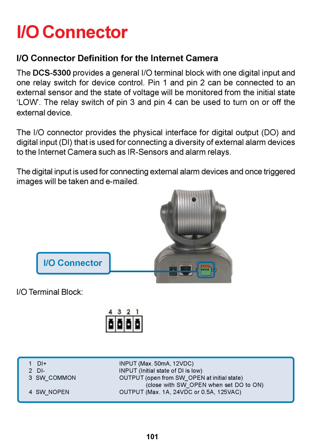 D-Link DCS-5300 manual Connector Definition for the Internet Camera 