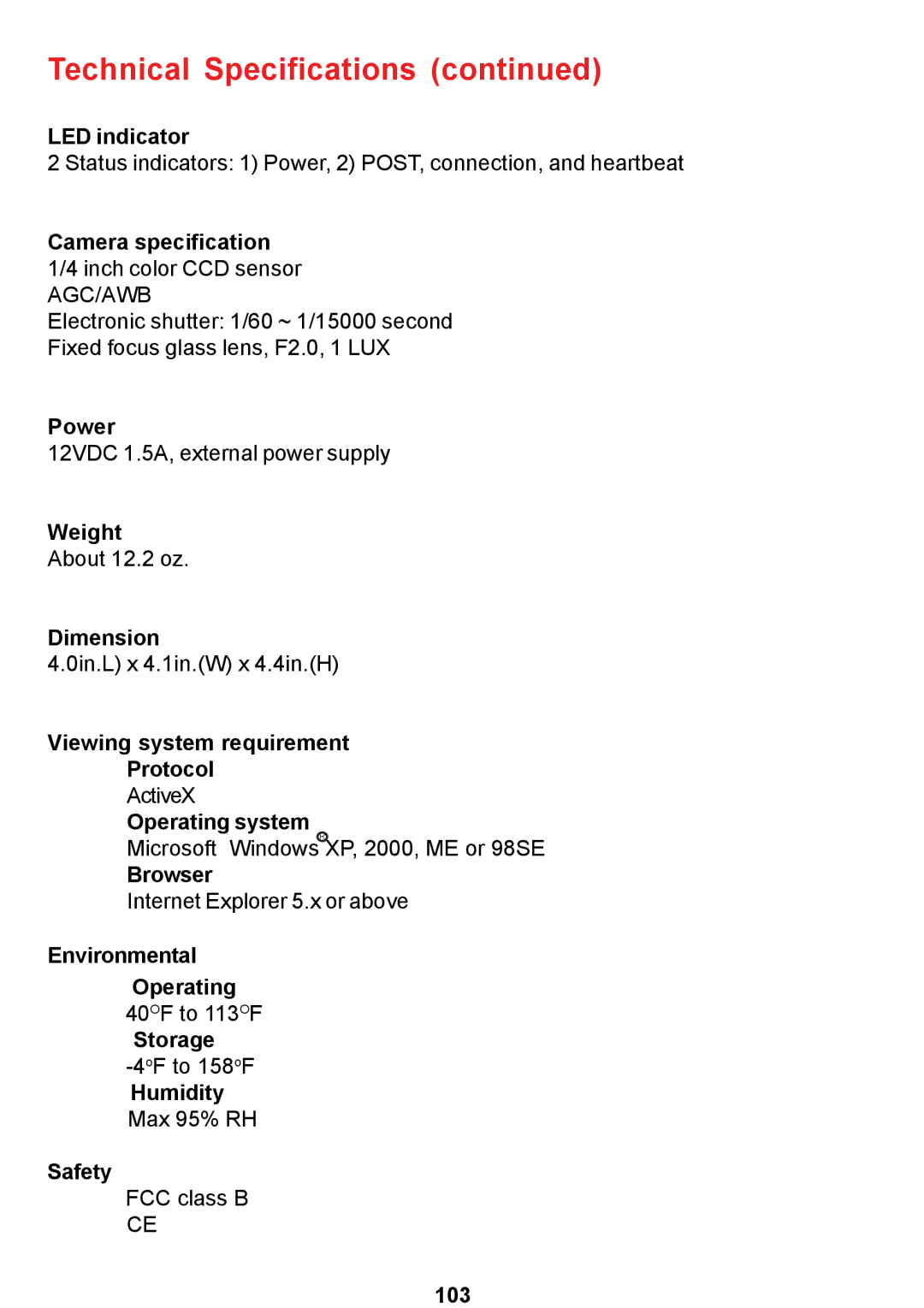 D-Link DCS-5300 manual Technical Specifications 