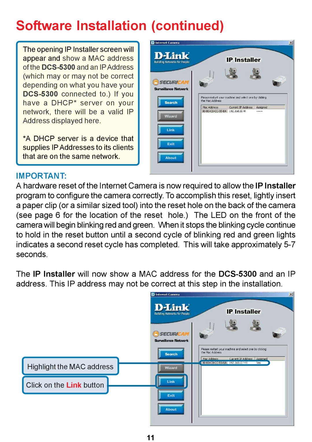 D-Link DCS-5300 manual Software Installation 