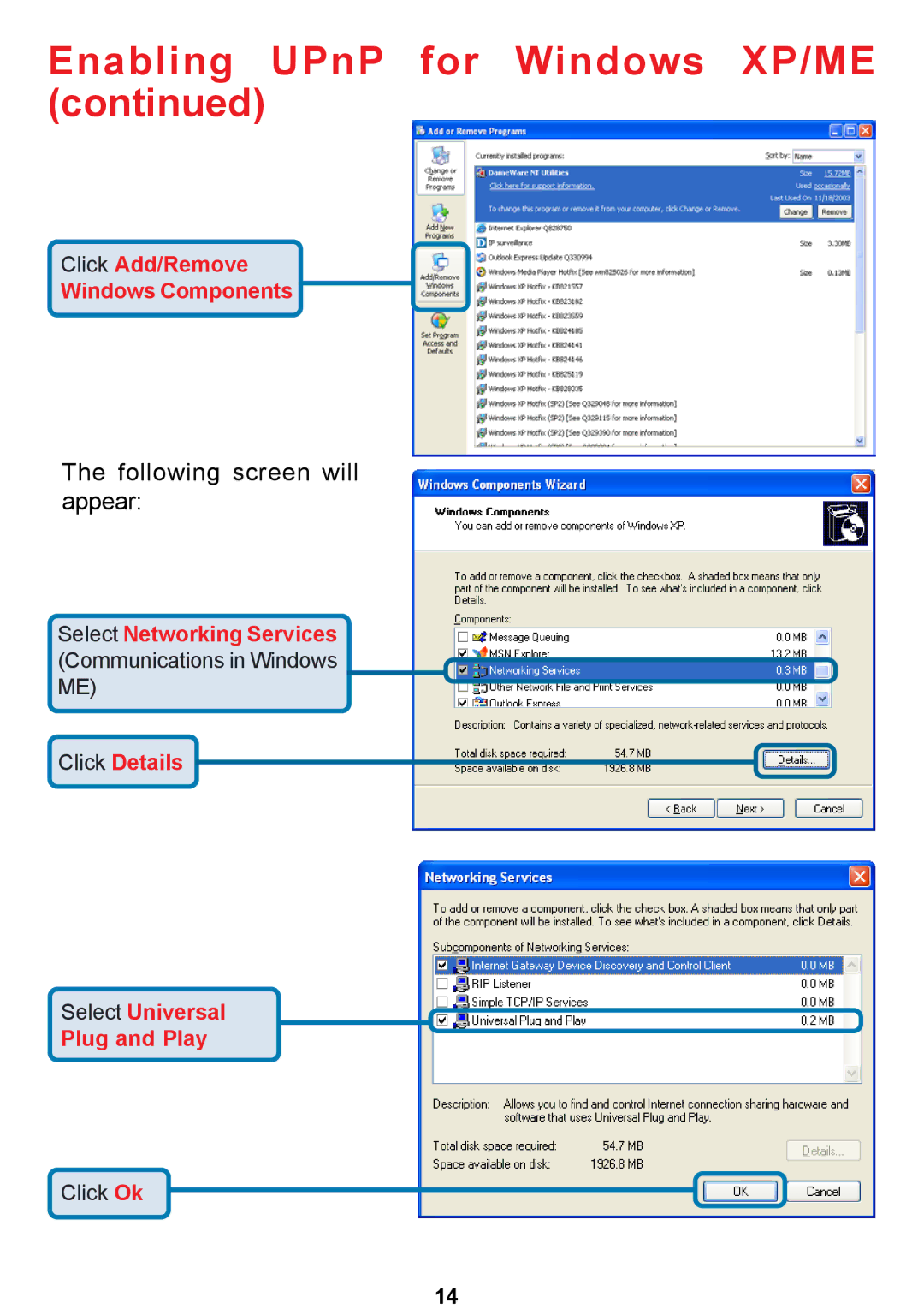 D-Link DCS-5300 manual Enabling UPnP for Windows XP/ME 