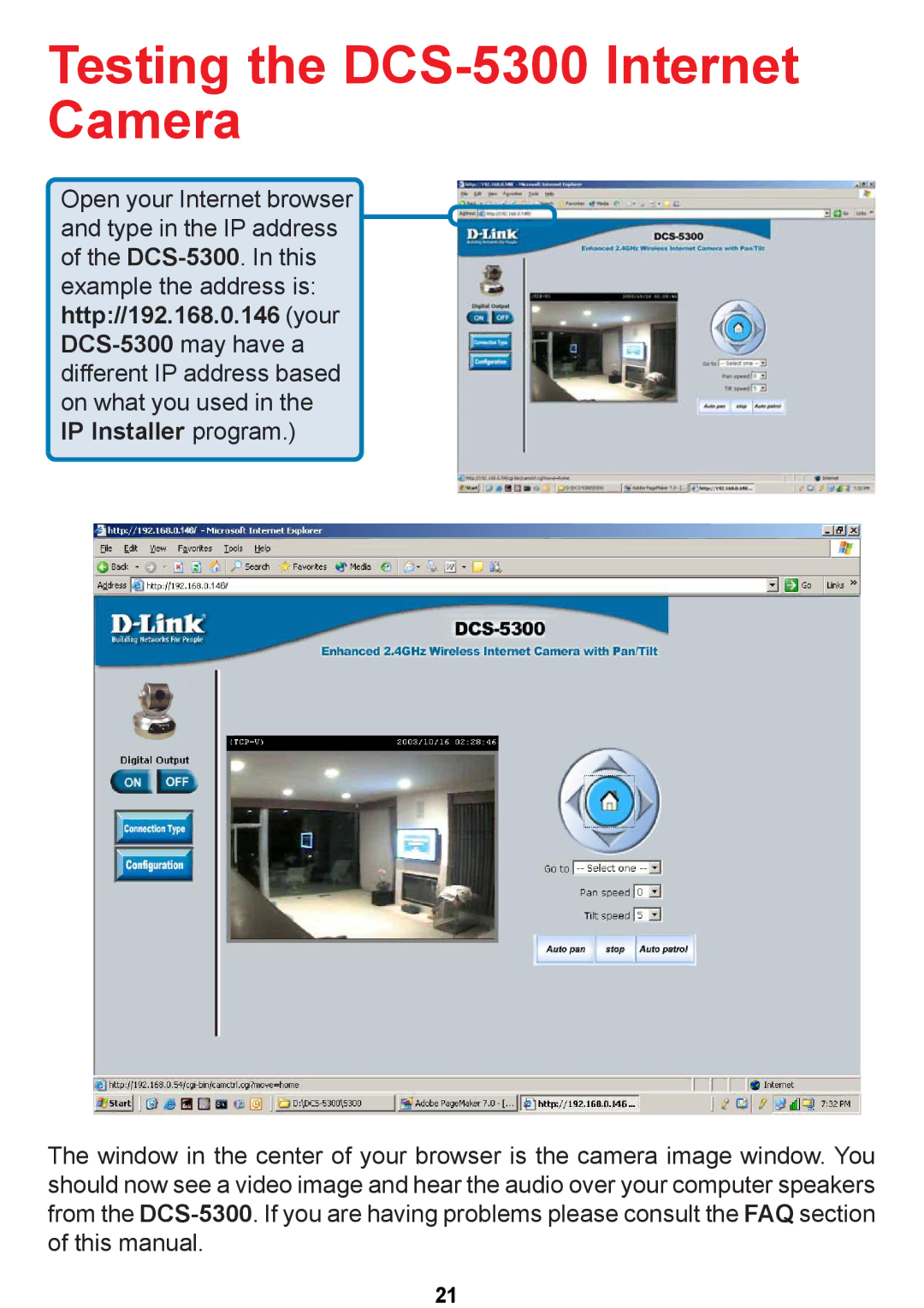 D-Link manual Testing the DCS-5300 Internet Camera 