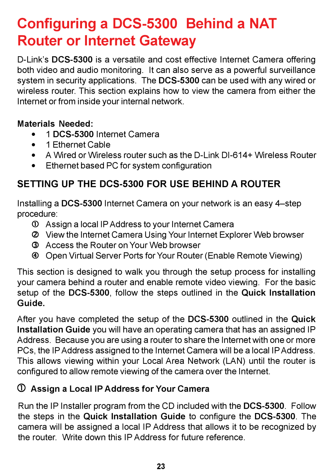 D-Link DCS-5300 manual Materials Needed, Guide, Assign a Local IP Address for Your Camera 