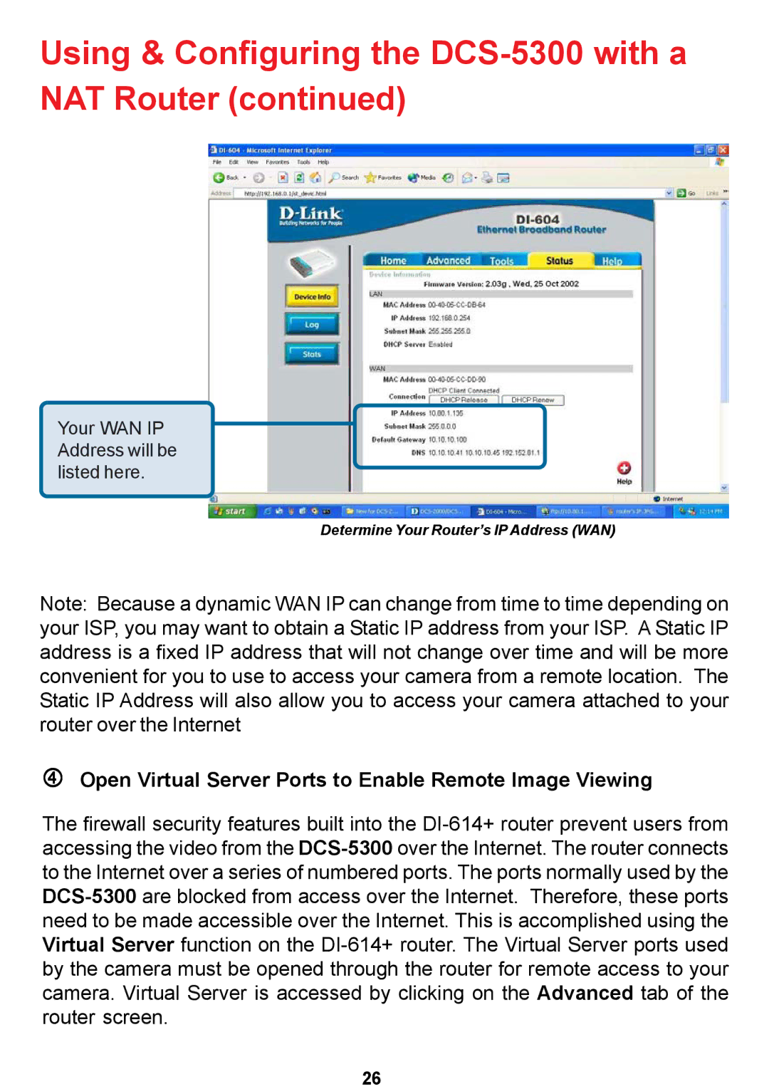 D-Link DCS-5300 manual Open Virtual Server Ports to Enable Remote Image Viewing 