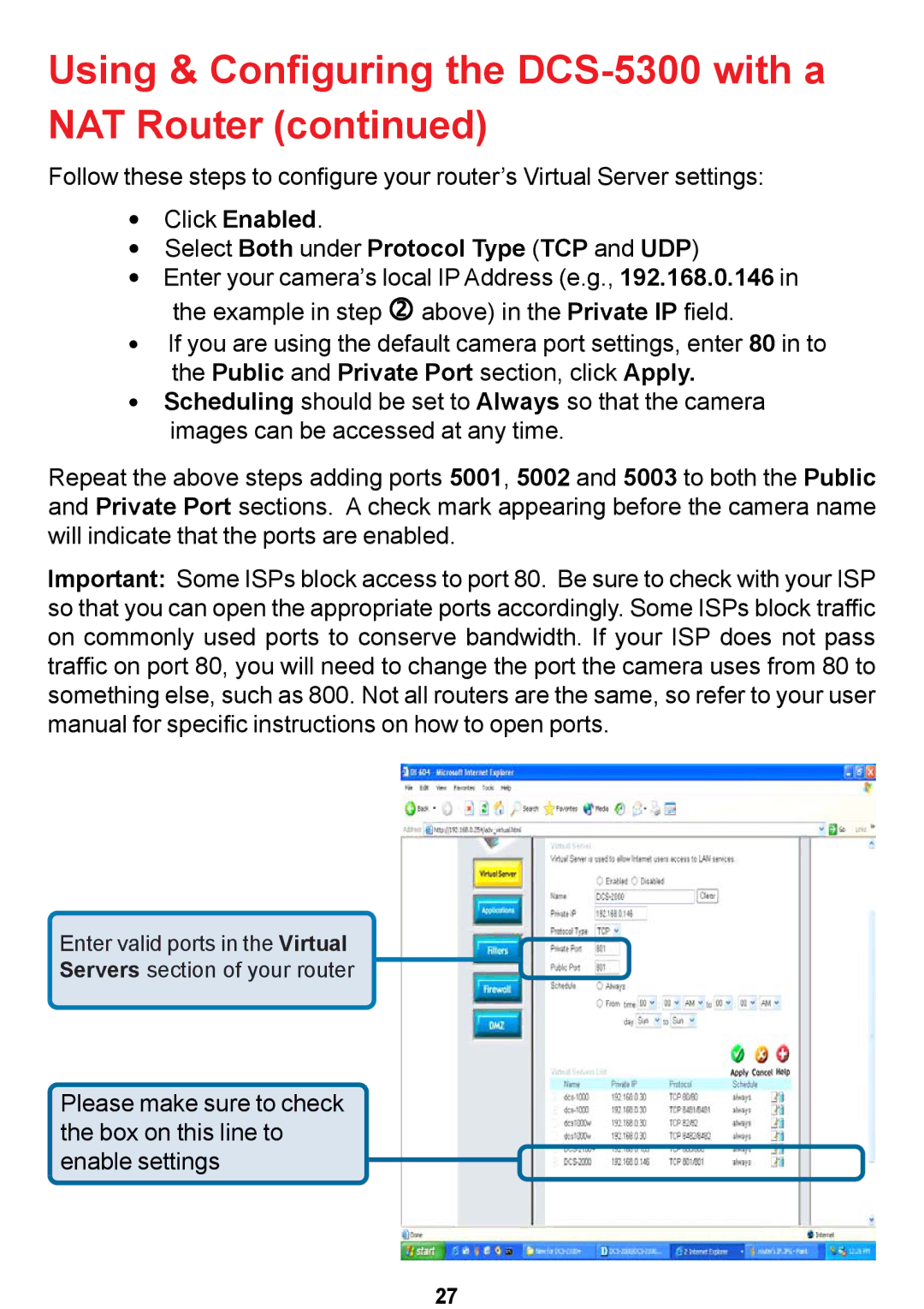 D-Link DCS-5300 manual Select Both under Protocol Type TCP and UDP 