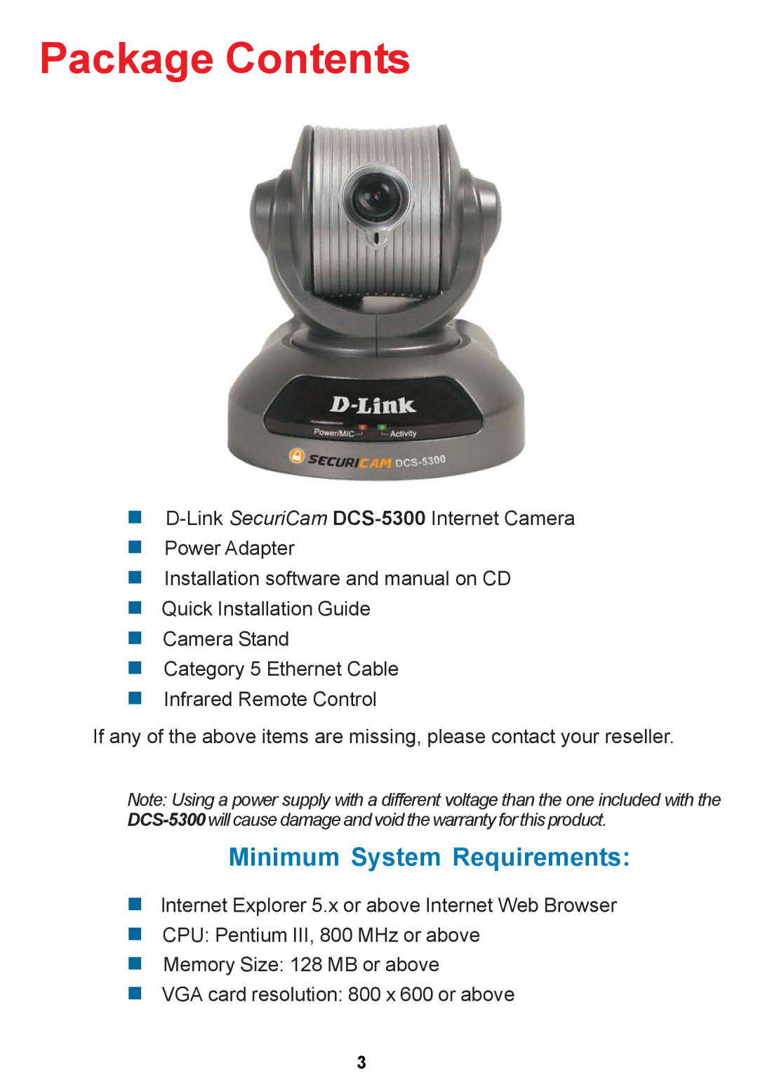 D-Link DCS-5300 manual Package Contents 