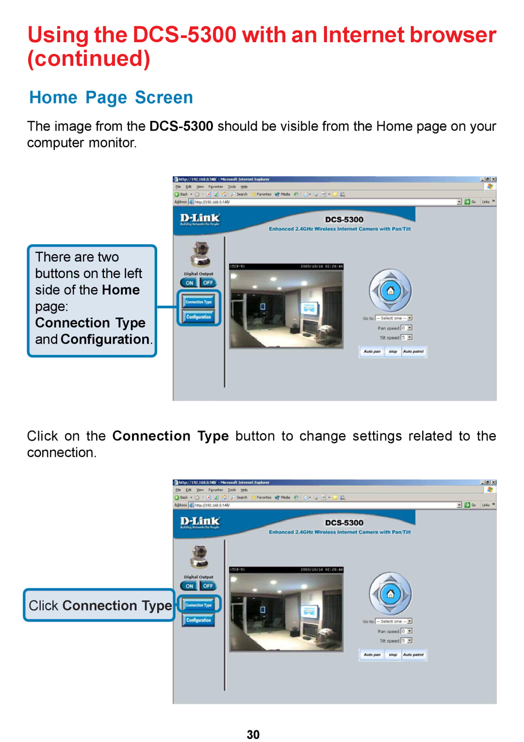 D-Link DCS-5300 manual Home Page Screen, Connection Type Configuration 