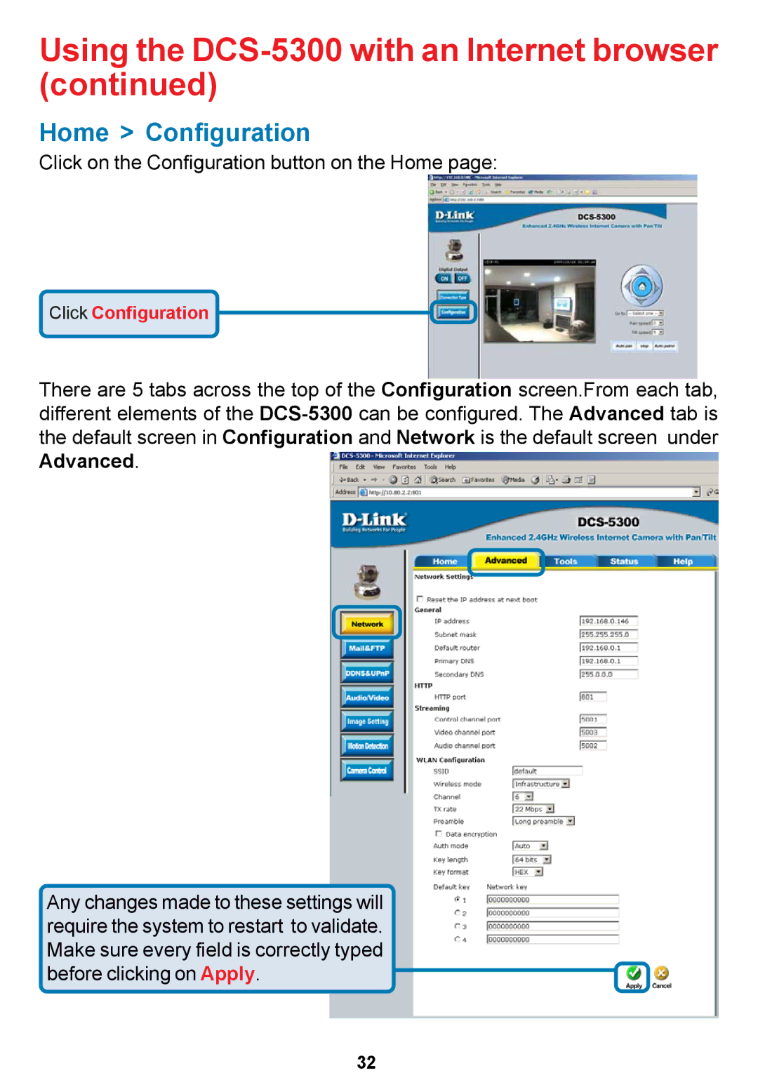 D-Link DCS-5300 manual Home Configuration 