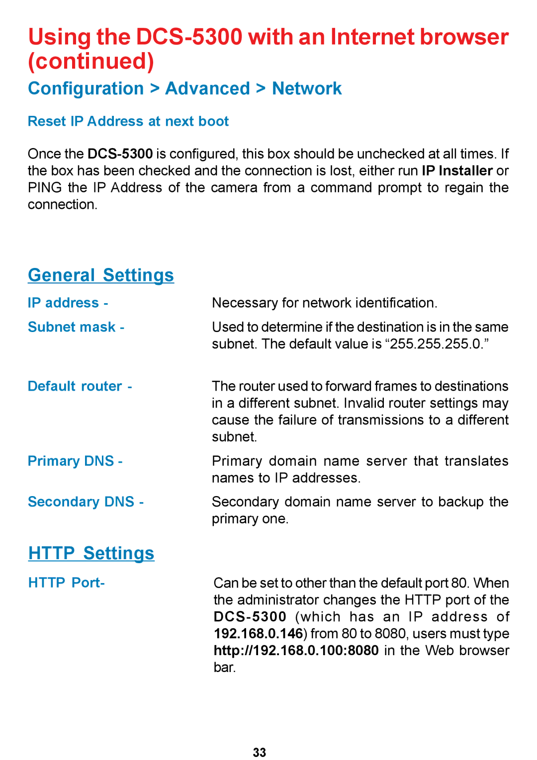 D-Link DCS-5300 manual Configuration Advanced Network, General Settings, Http Settings 