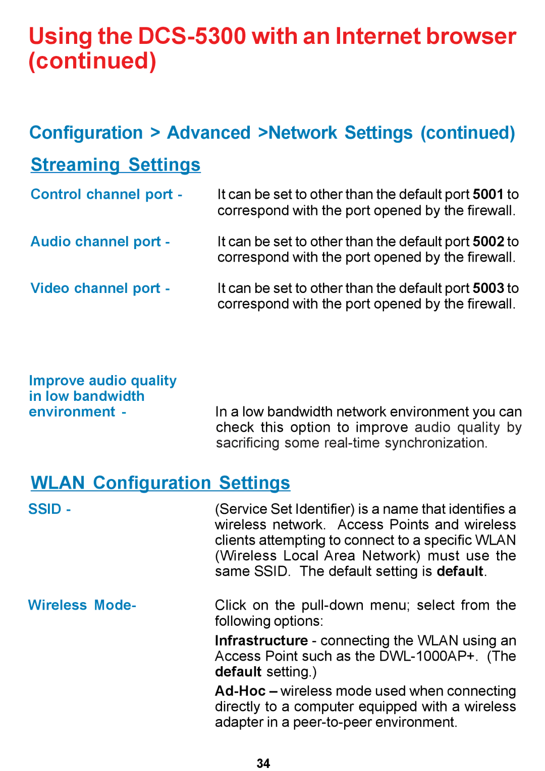 D-Link DCS-5300 manual Configuration Advanced Network Settings Streaming Settings, Wlan Configuration Settings 