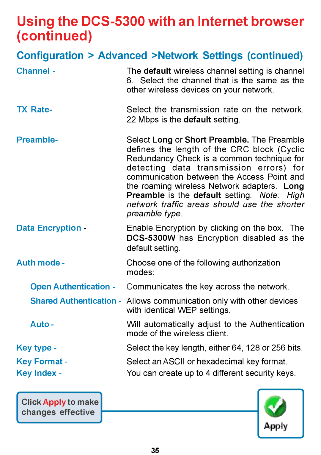 D-Link DCS-5300 manual Configuration Advanced Network Settings 