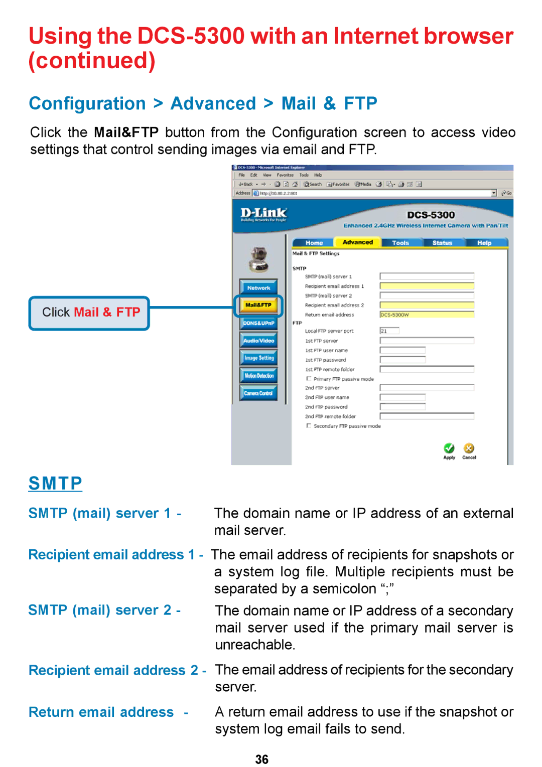 D-Link DCS-5300 manual Configuration Advanced Mail & FTP, Smtp 