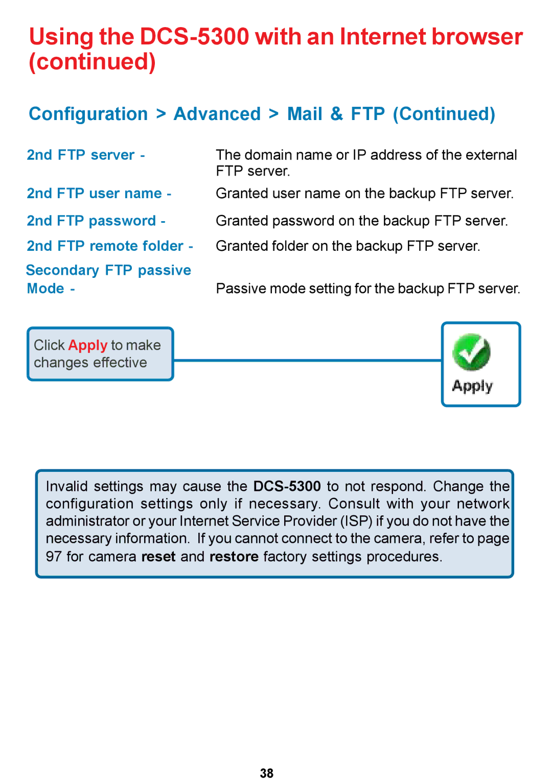 D-Link DCS-5300 manual Click Apply to make changes effective 