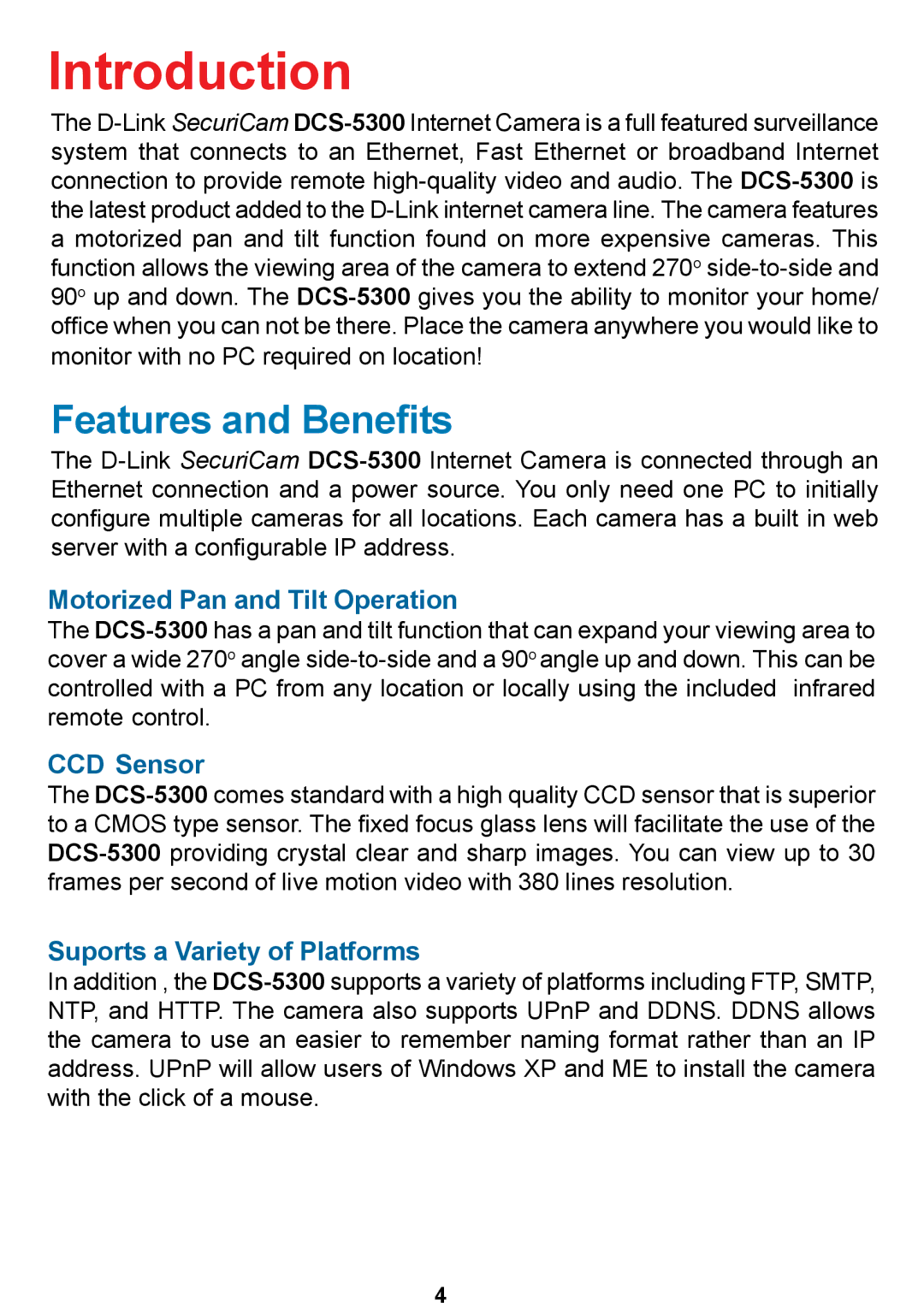 D-Link DCS-5300 manual Introduction, Features and Benefits 