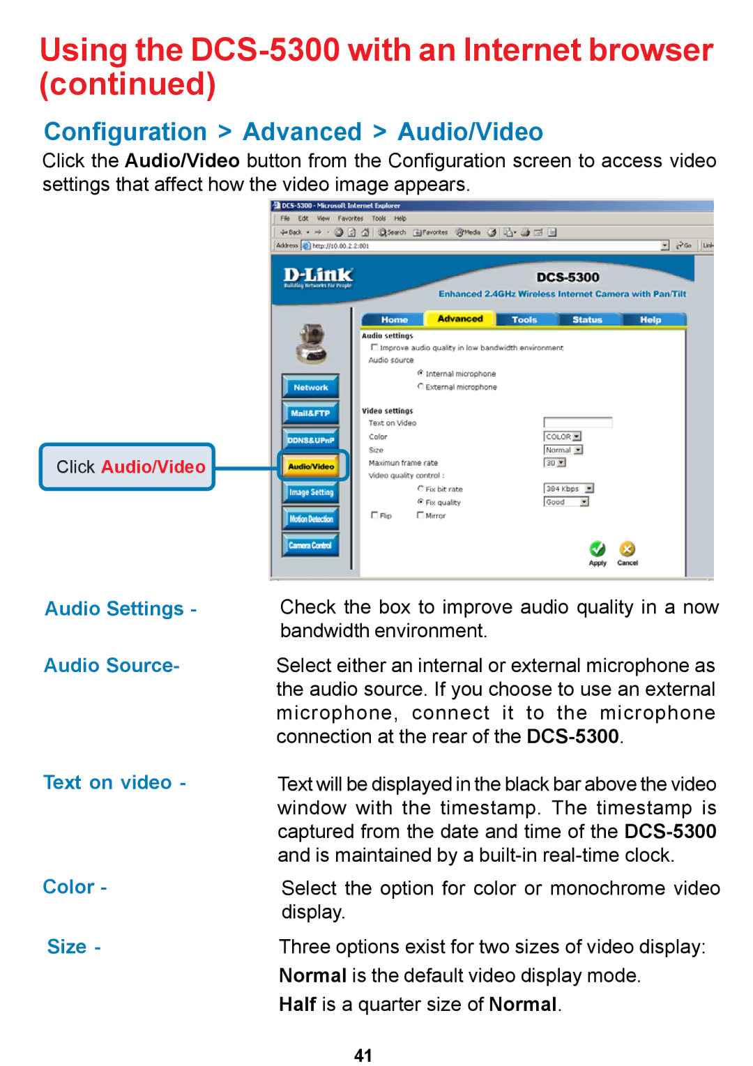 D-Link DCS-5300 manual Configuration Advanced Audio/Video, Audio Settings Audio Source Text on video Color Size 