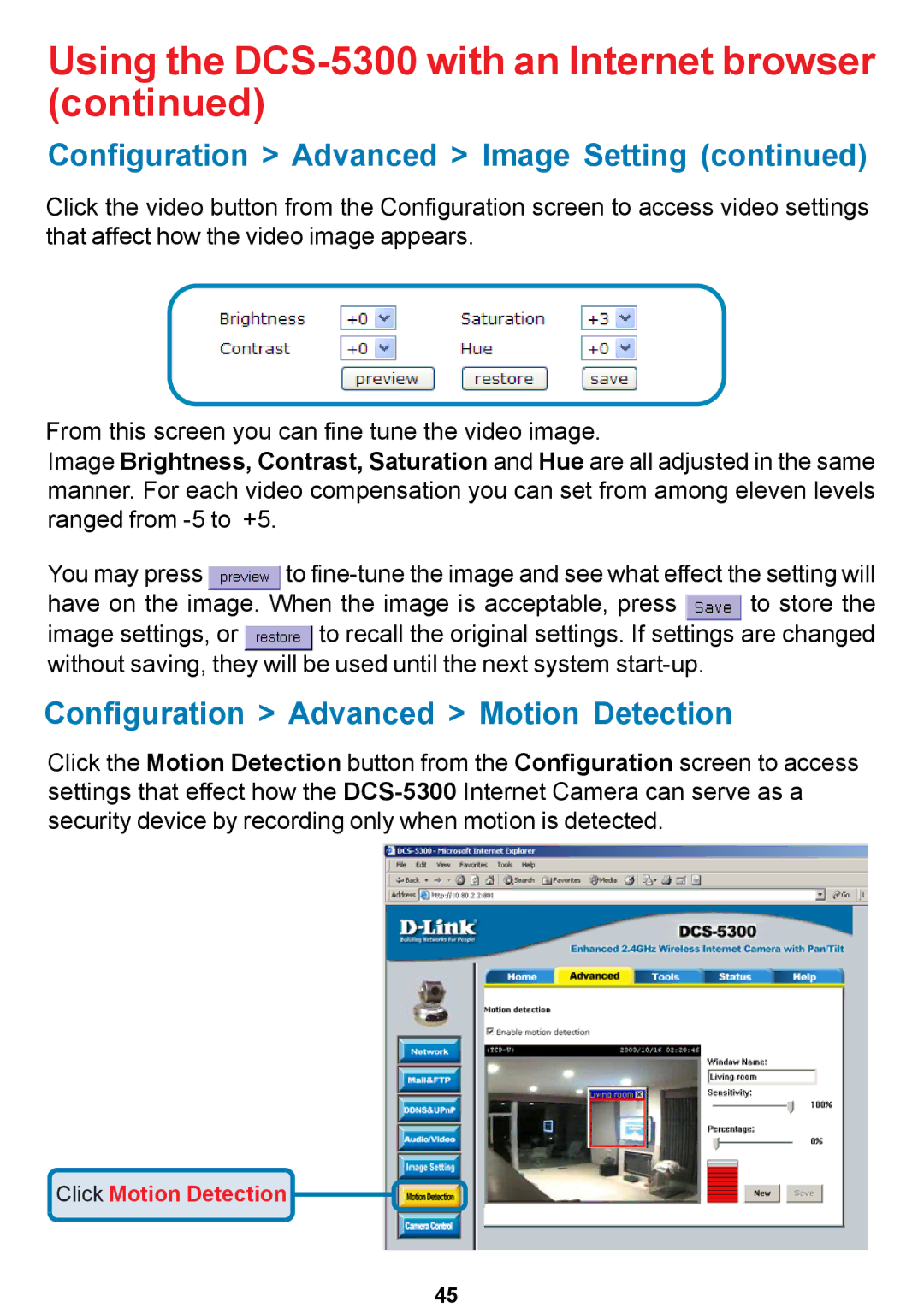 D-Link DCS-5300 manual Configuration Advanced Motion Detection 