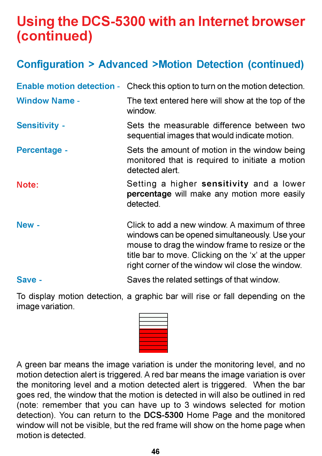 D-Link DCS-5300 manual Window Name, Sensitivity, Percentage, New, Save 