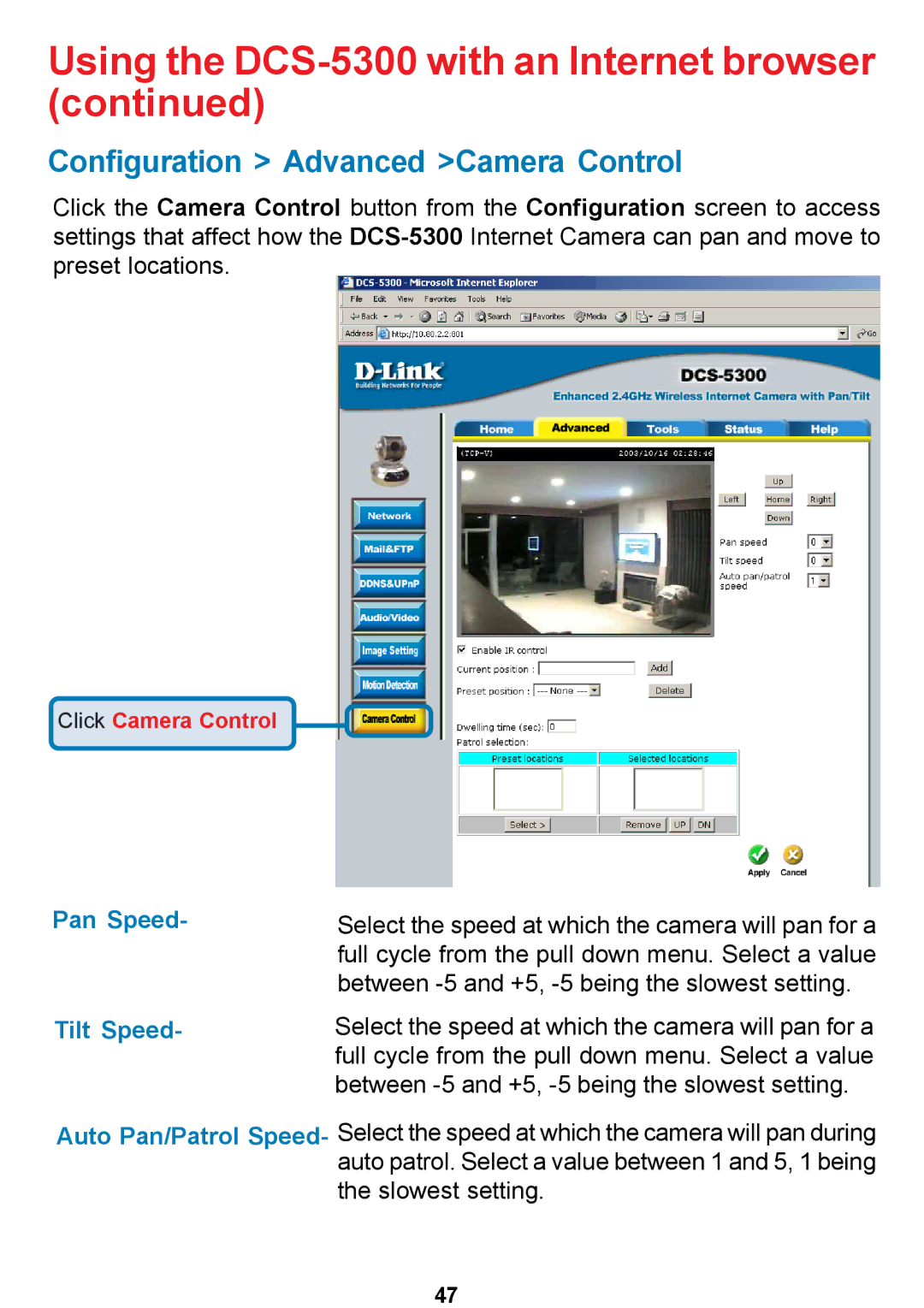 D-Link DCS-5300 manual Configuration Advanced Camera Control, Pan Speed Tilt Speed 