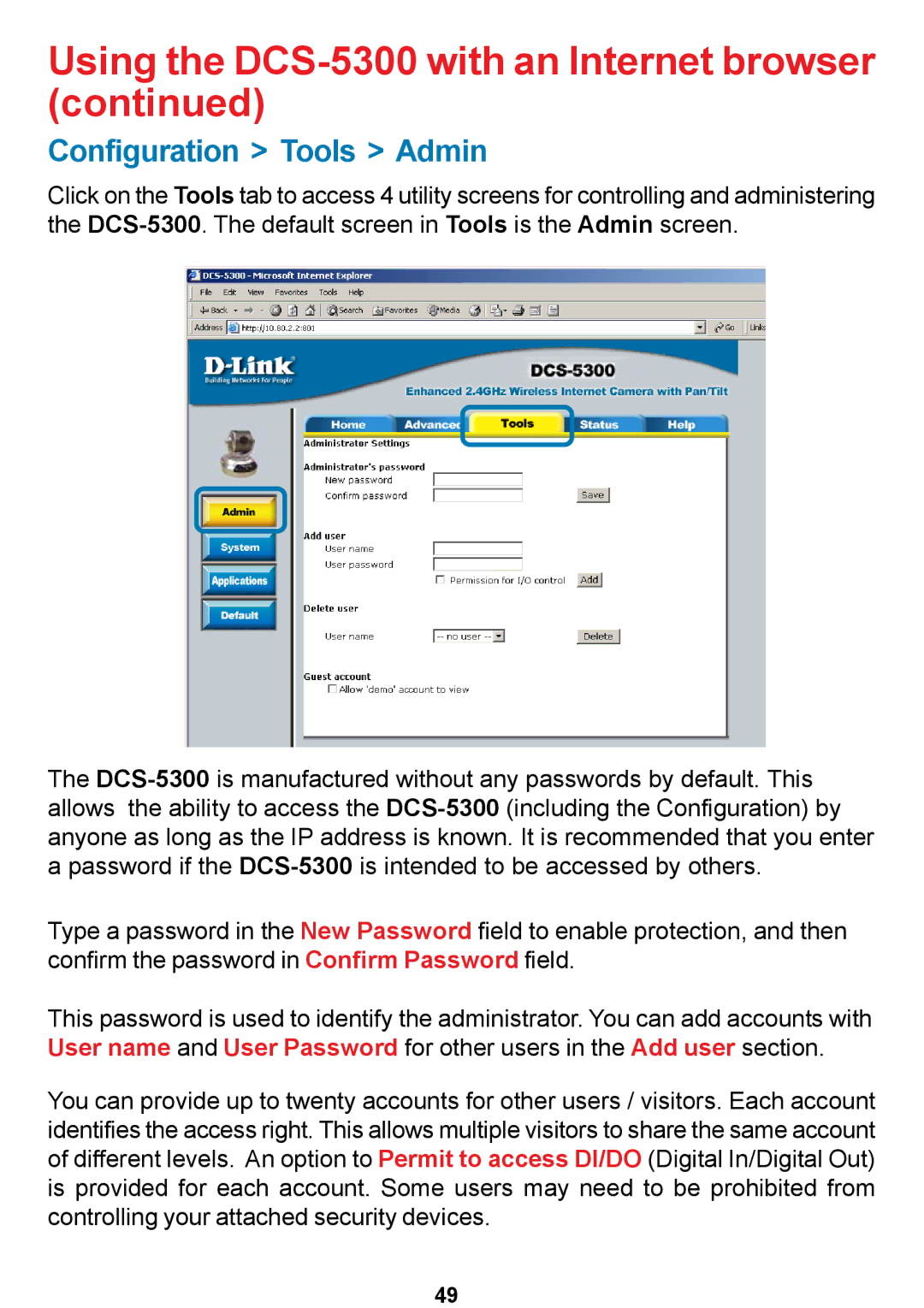 D-Link DCS-5300 manual Configuration Tools Admin 