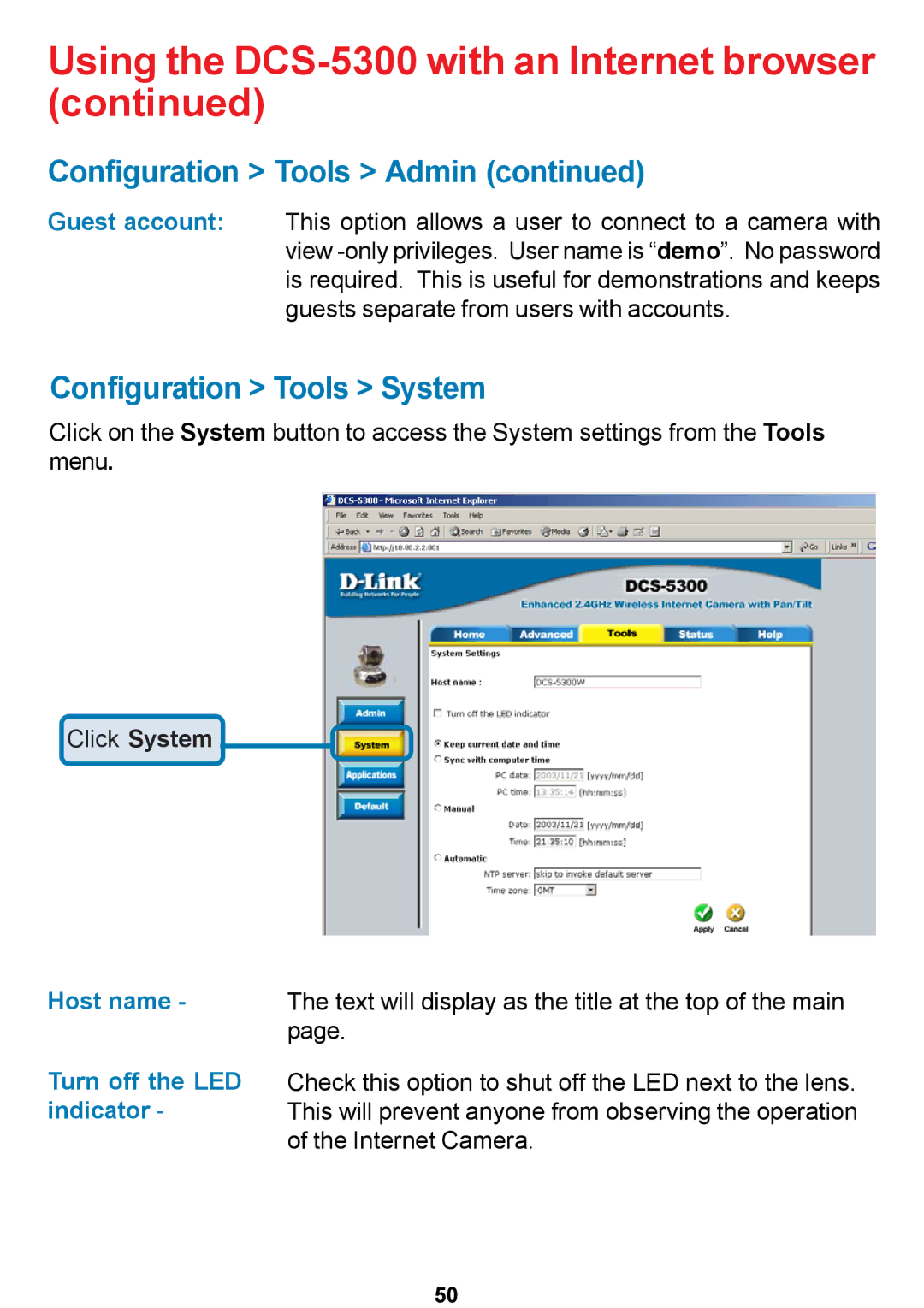 D-Link DCS-5300 manual Configuration Tools System, Host name, Turn off the LED, Indicator 