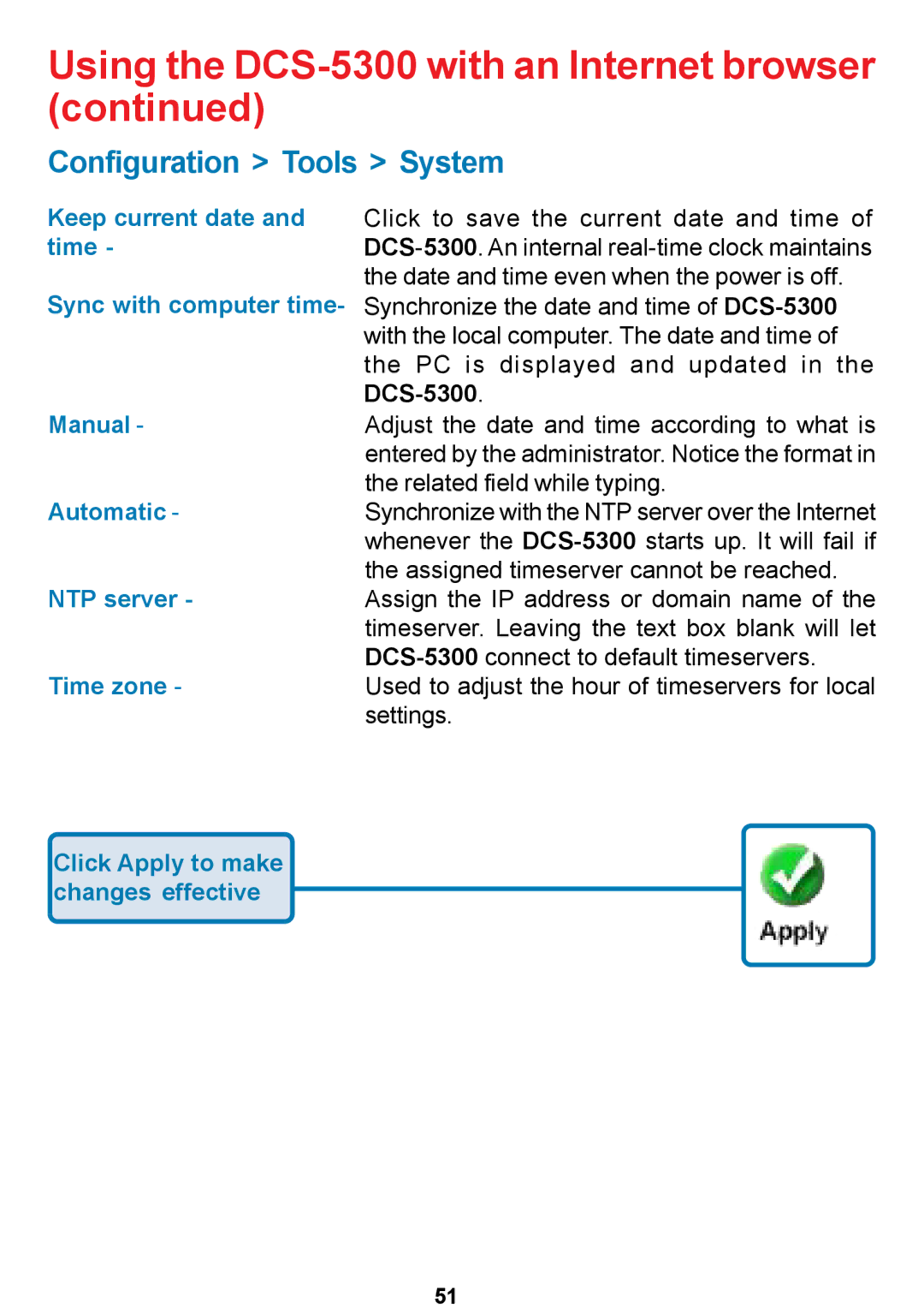 D-Link DCS-5300 manual Manual, Automatic, NTP server, Time zone 