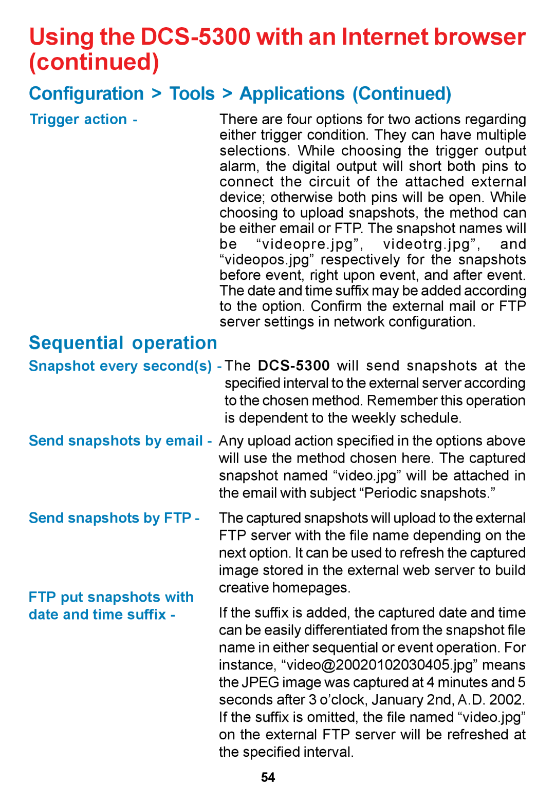 D-Link DCS-5300 manual Sequential operation, Trigger action, FTP put snapshots with, Date and time suffix 