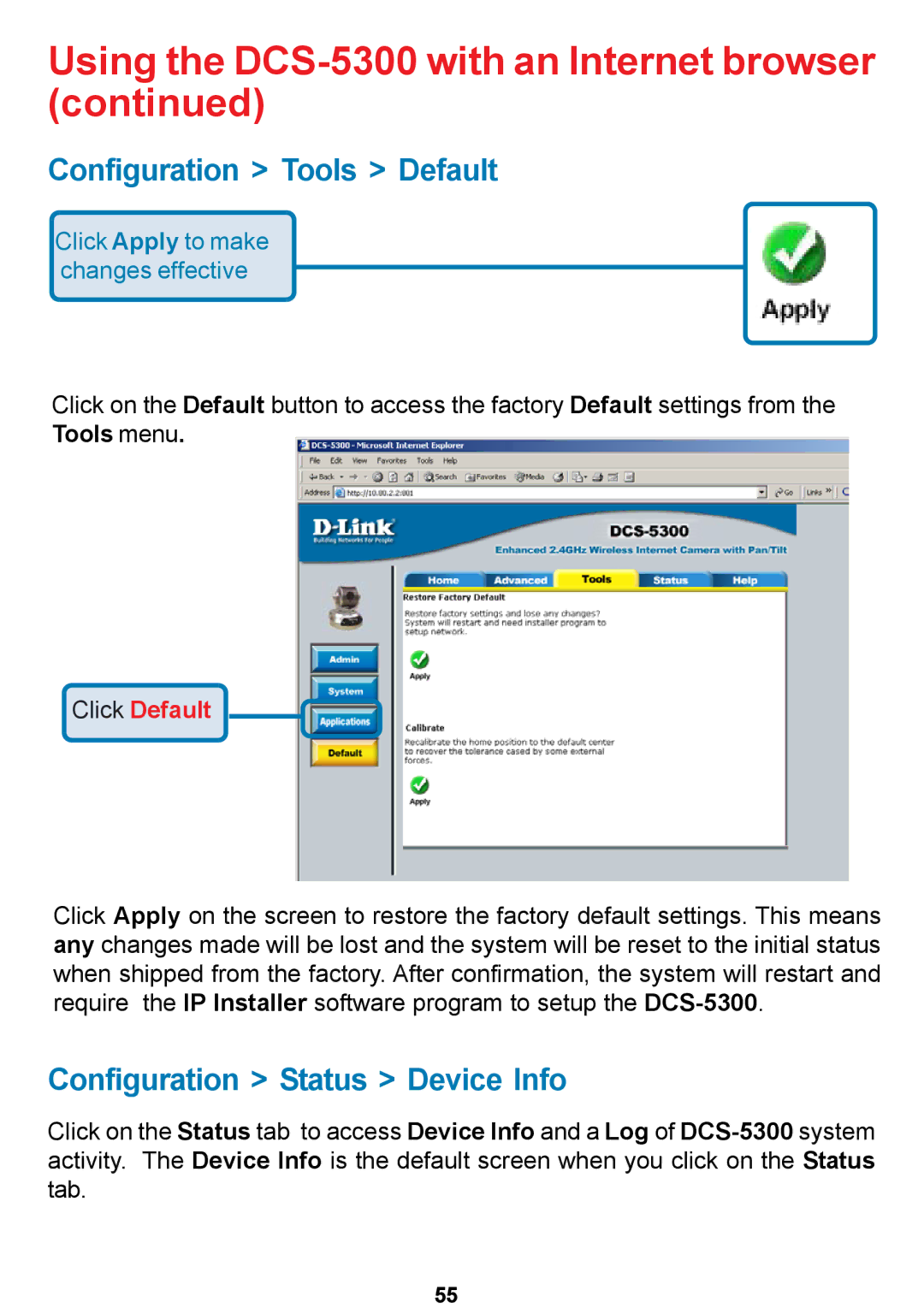 D-Link DCS-5300 manual Configuration Tools Default, Configuration Status Device Info 