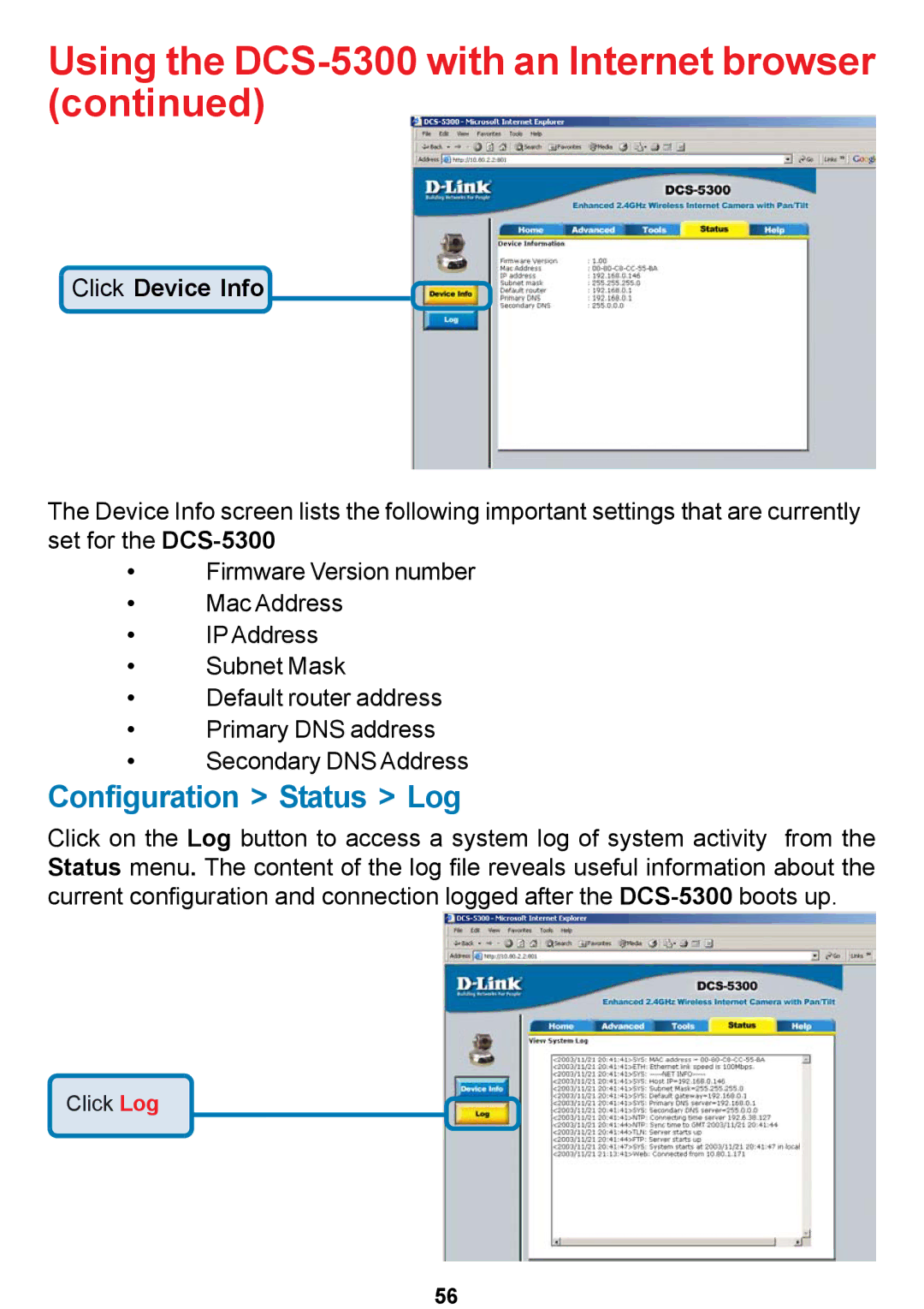 D-Link DCS-5300 manual Configuration Status Log, Click Device Info 