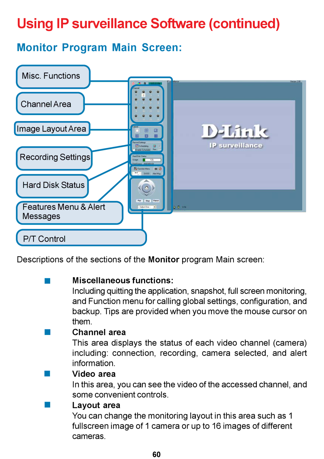 D-Link DCS-5300 manual Miscellaneous functions, Channel area, Video area, Layout area 