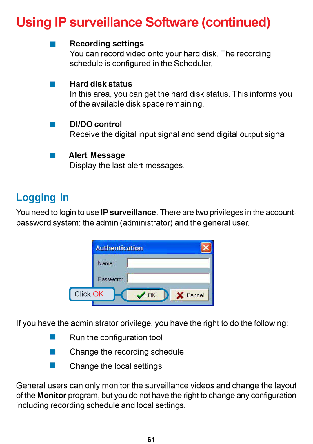 D-Link DCS-5300 manual Logging, Recording settings, Hard disk status, DI/DO control, Alert Message 