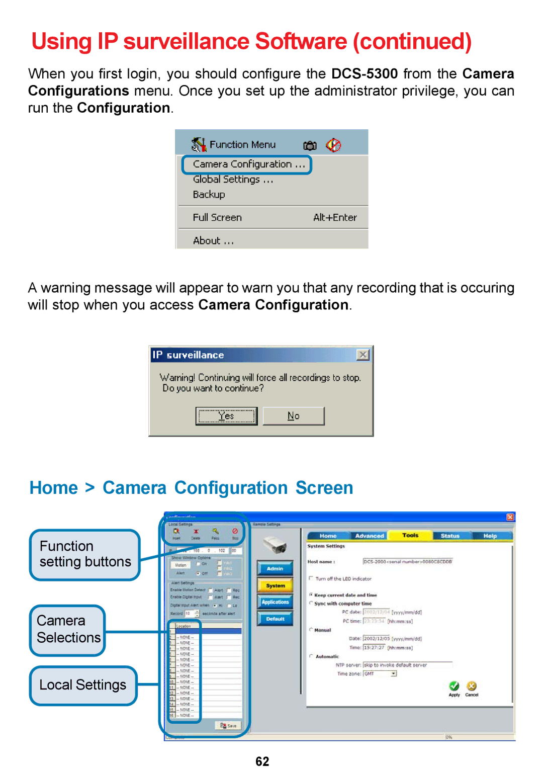 D-Link DCS-5300 manual Home Camera Configuration Screen 