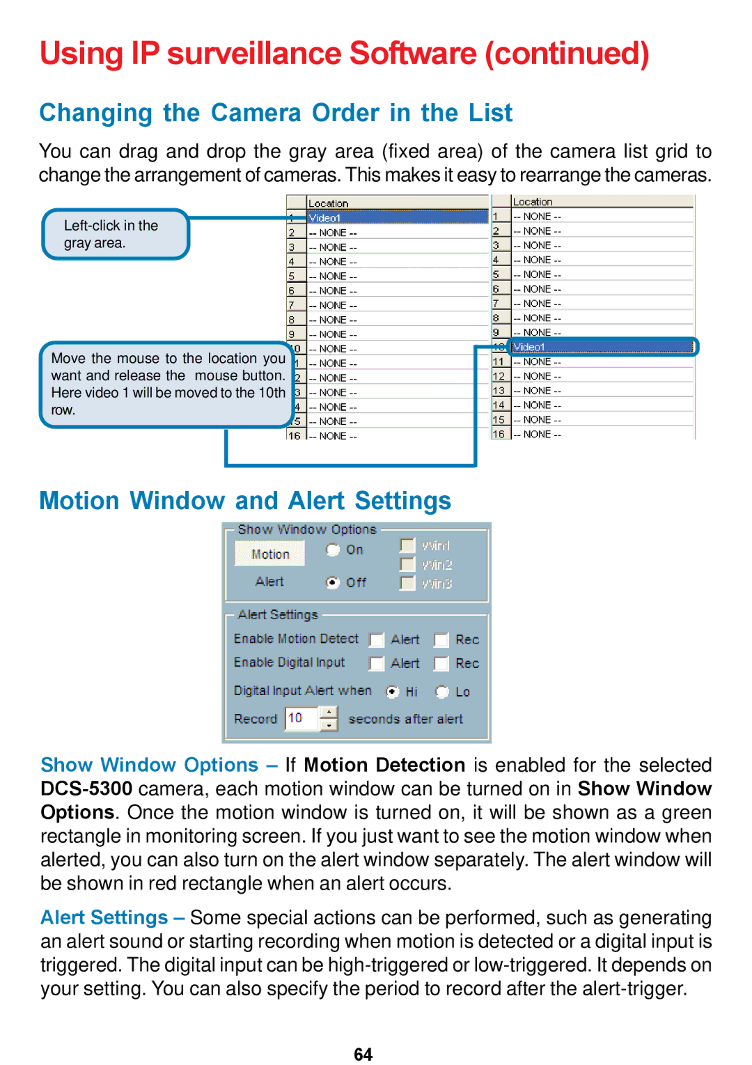 D-Link DCS-5300 manual Changing the Camera Order in the List, Motion Window and Alert Settings 