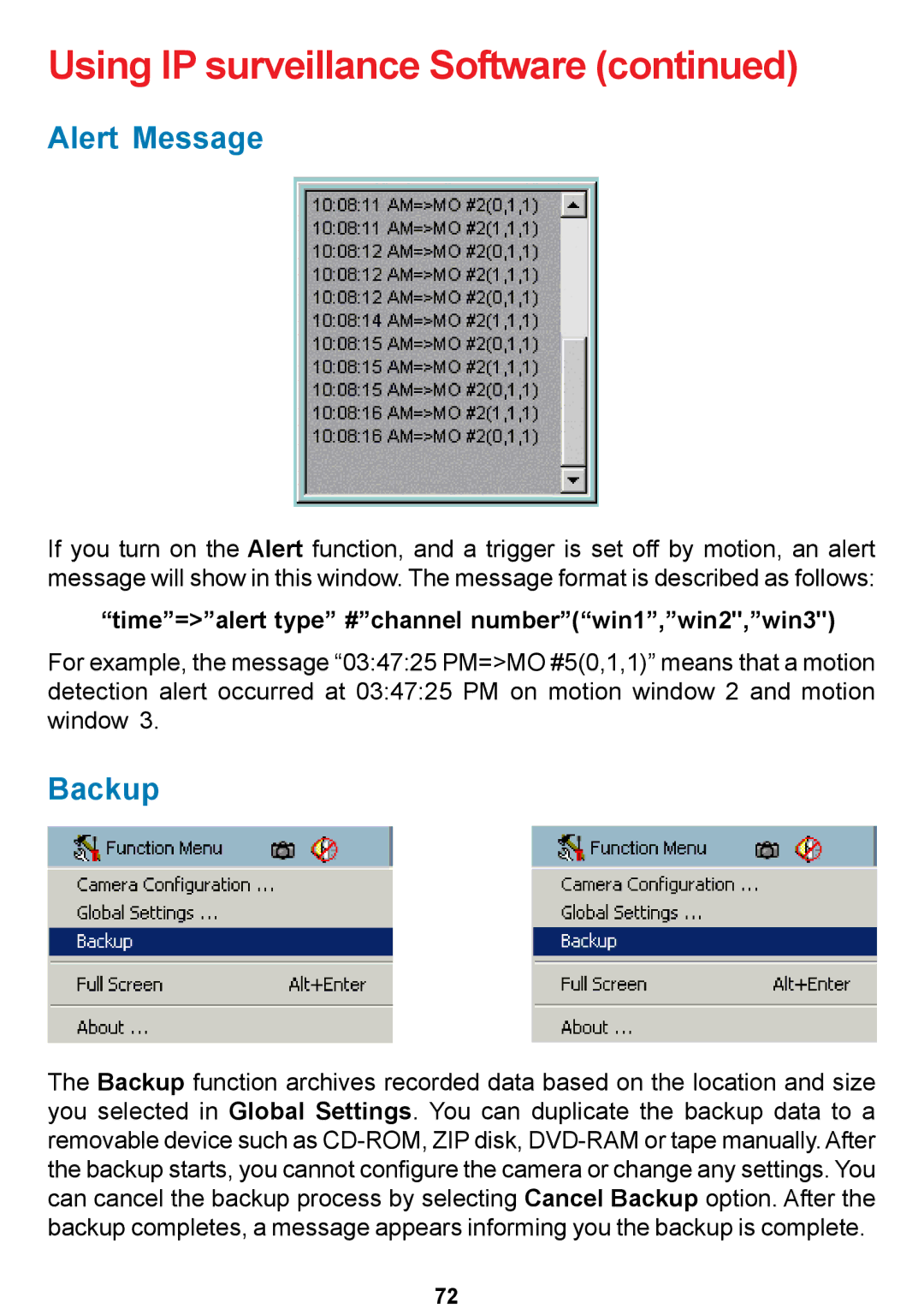 D-Link DCS-5300 manual Alert Message, Backup, Time=alert type #channel numberwin1,win2,win3 