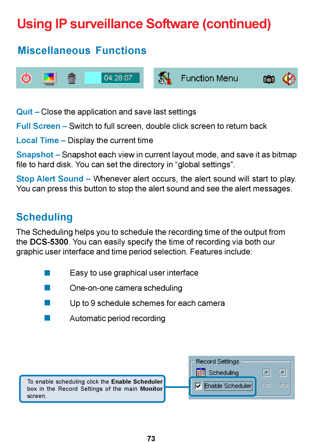 D-Link DCS-5300 manual Miscellaneous Functions, Scheduling 