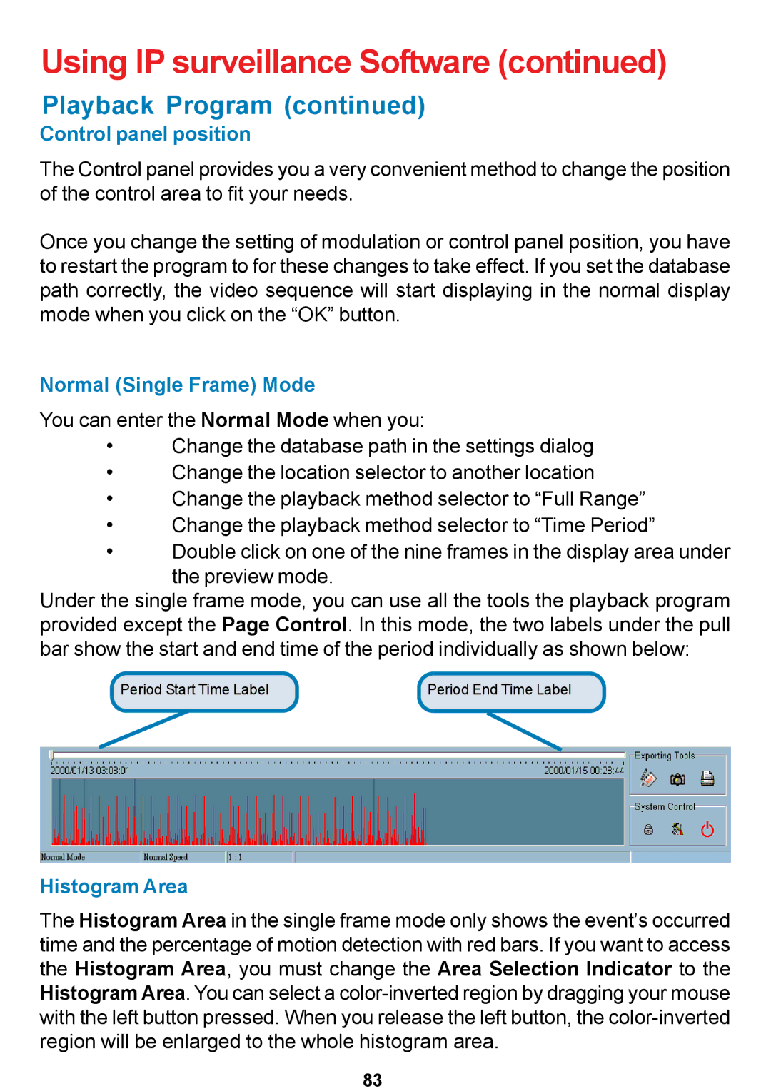 D-Link DCS-5300 manual Control panel position, Normal Single Frame Mode, Histogram Area 