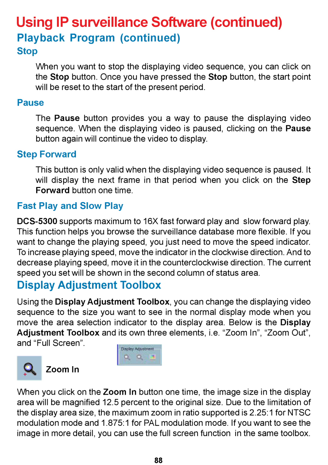 D-Link DCS-5300 manual Display Adjustment Toolbox, Stop, Pause, Step Forward, Fast Play and Slow Play 