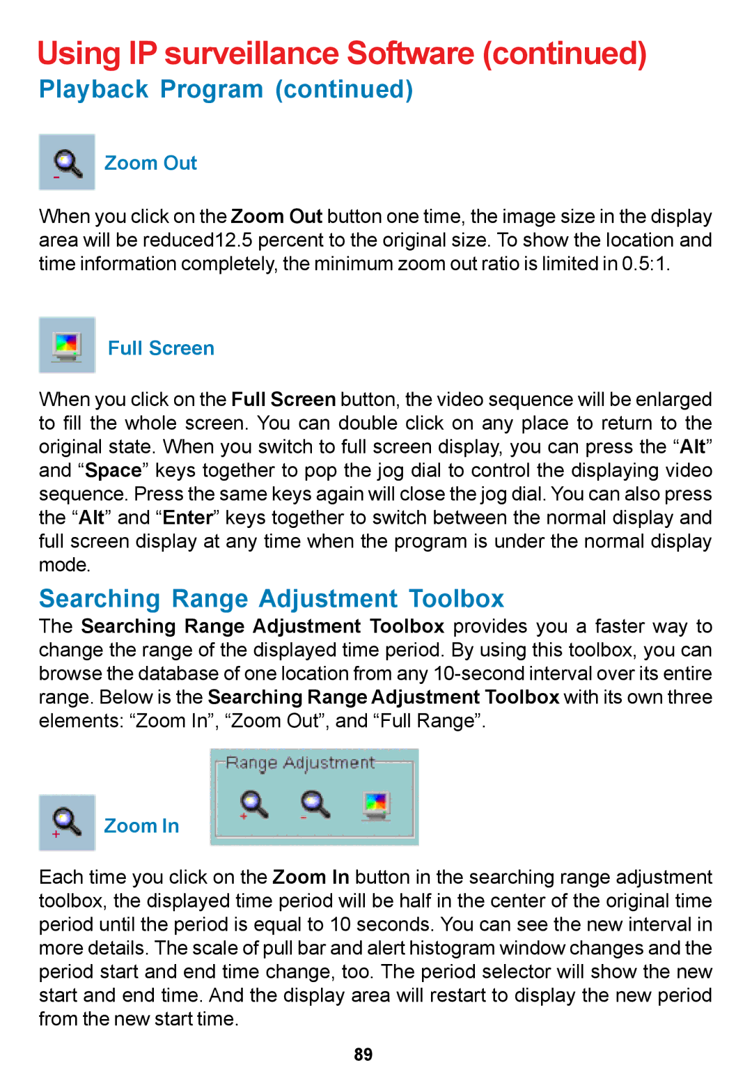 D-Link DCS-5300 manual Searching Range Adjustment Toolbox, Zoom Out, Full Screen 