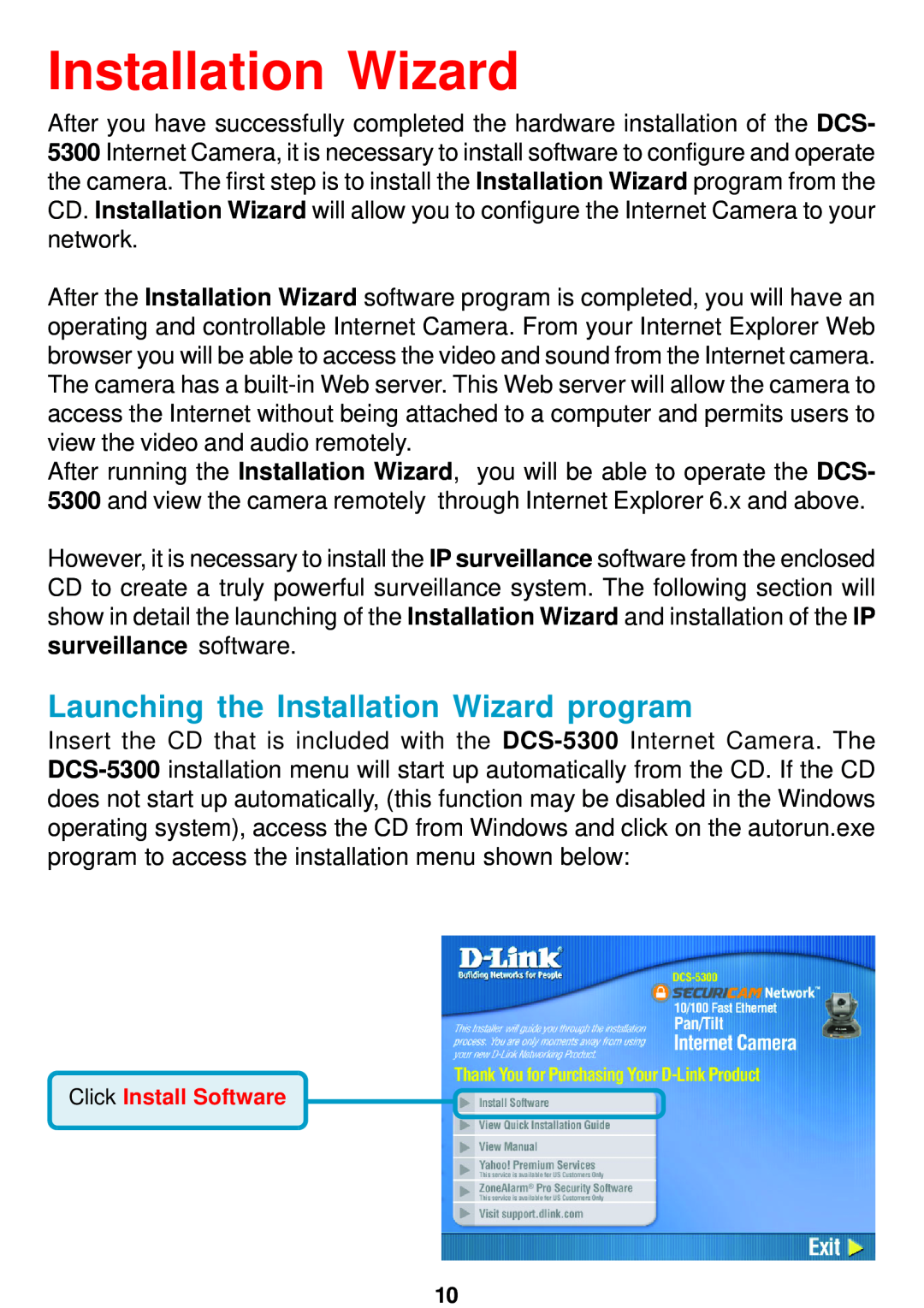 D-Link DCS-5300 manual Launching the Installation Wizard program 
