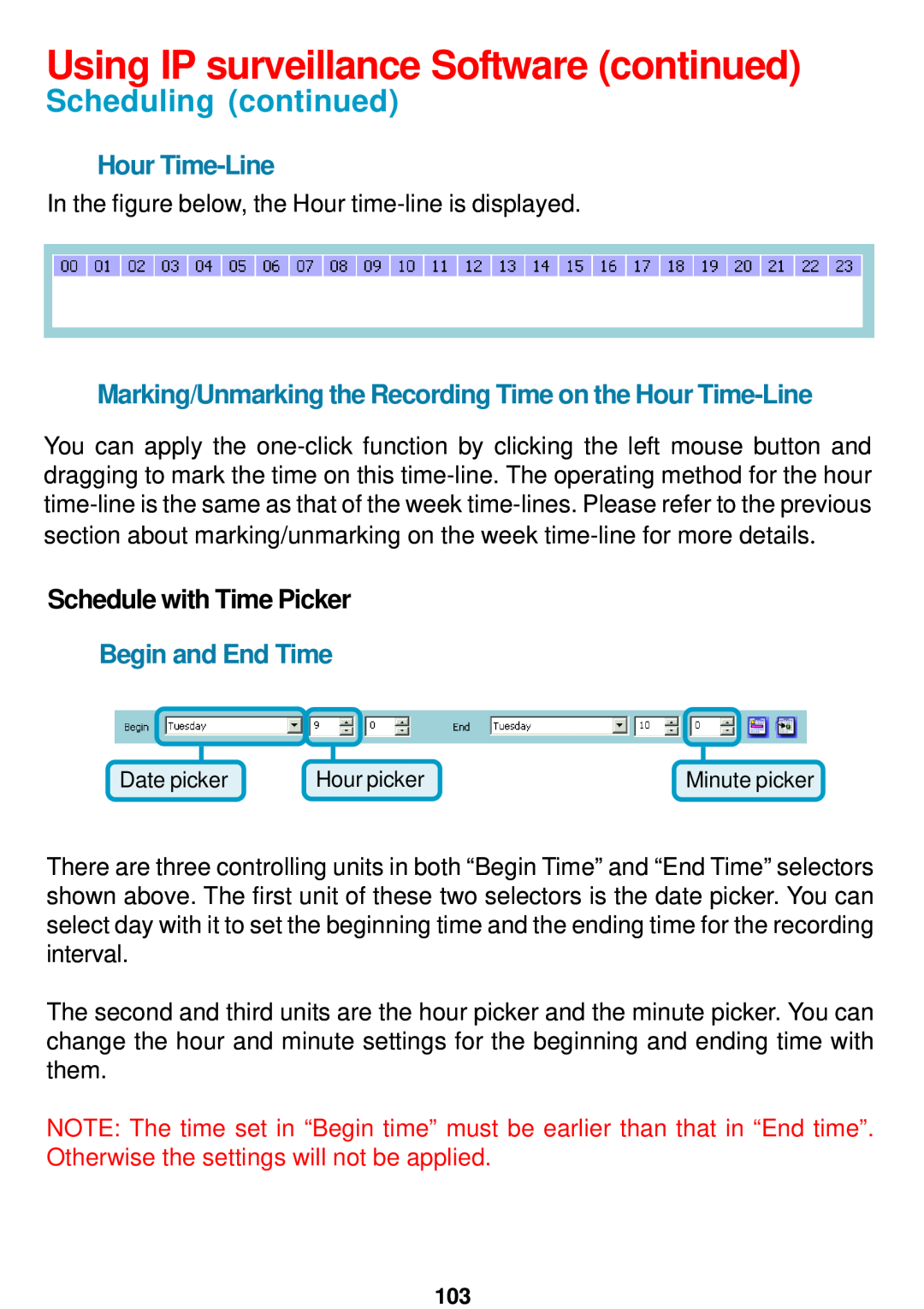 D-Link DCS-5300 manual Marking/Unmarking the Recording Time on the Hour Time-Line, Schedule with Time Picker 