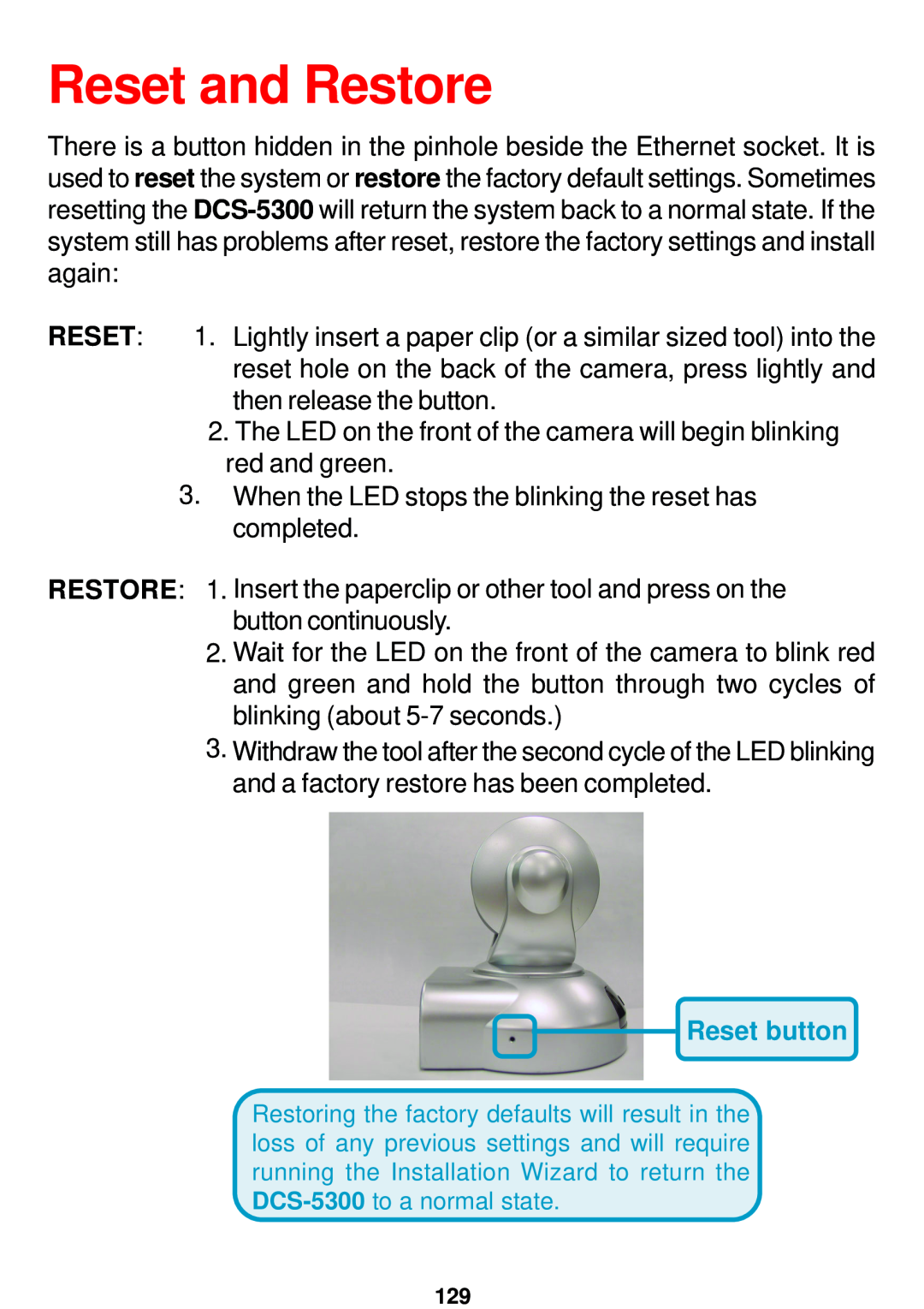 D-Link DCS-5300 manual Reset and Restore, Reset button 