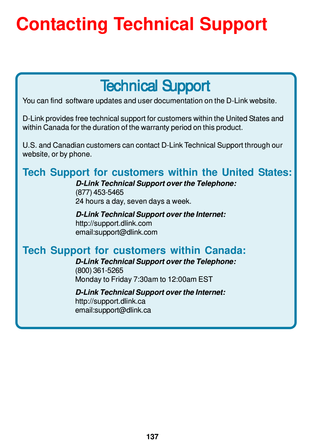 D-Link DCS-5300 manual Contacting Technical Support, Tech Support for customers within the United States 