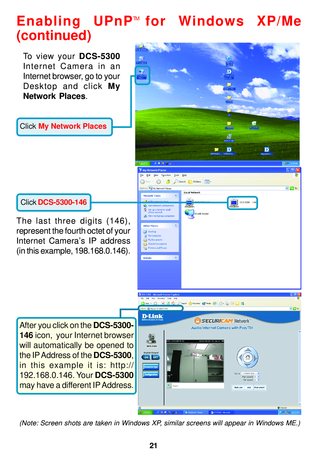 D-Link manual Enabling UPnPTM for Windows XP/Me continued, To view your DCS-5300 Internet Camera in an, Network Places 
