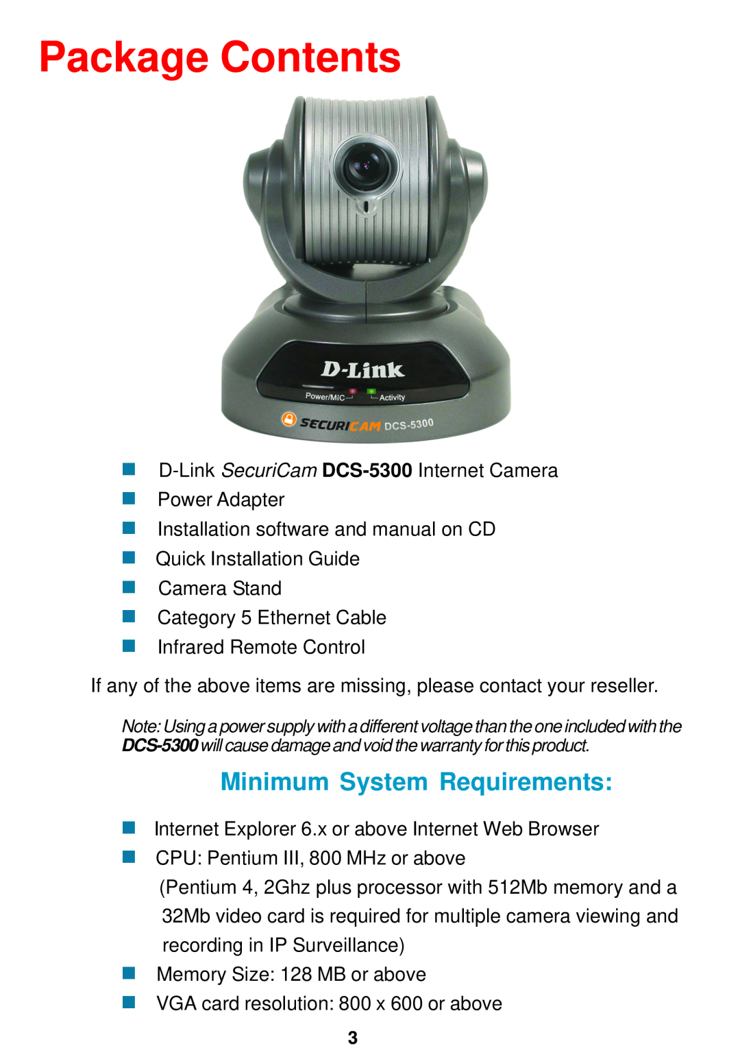 D-Link DCS-5300 manual Package Contents, Minimum System Requirements 
