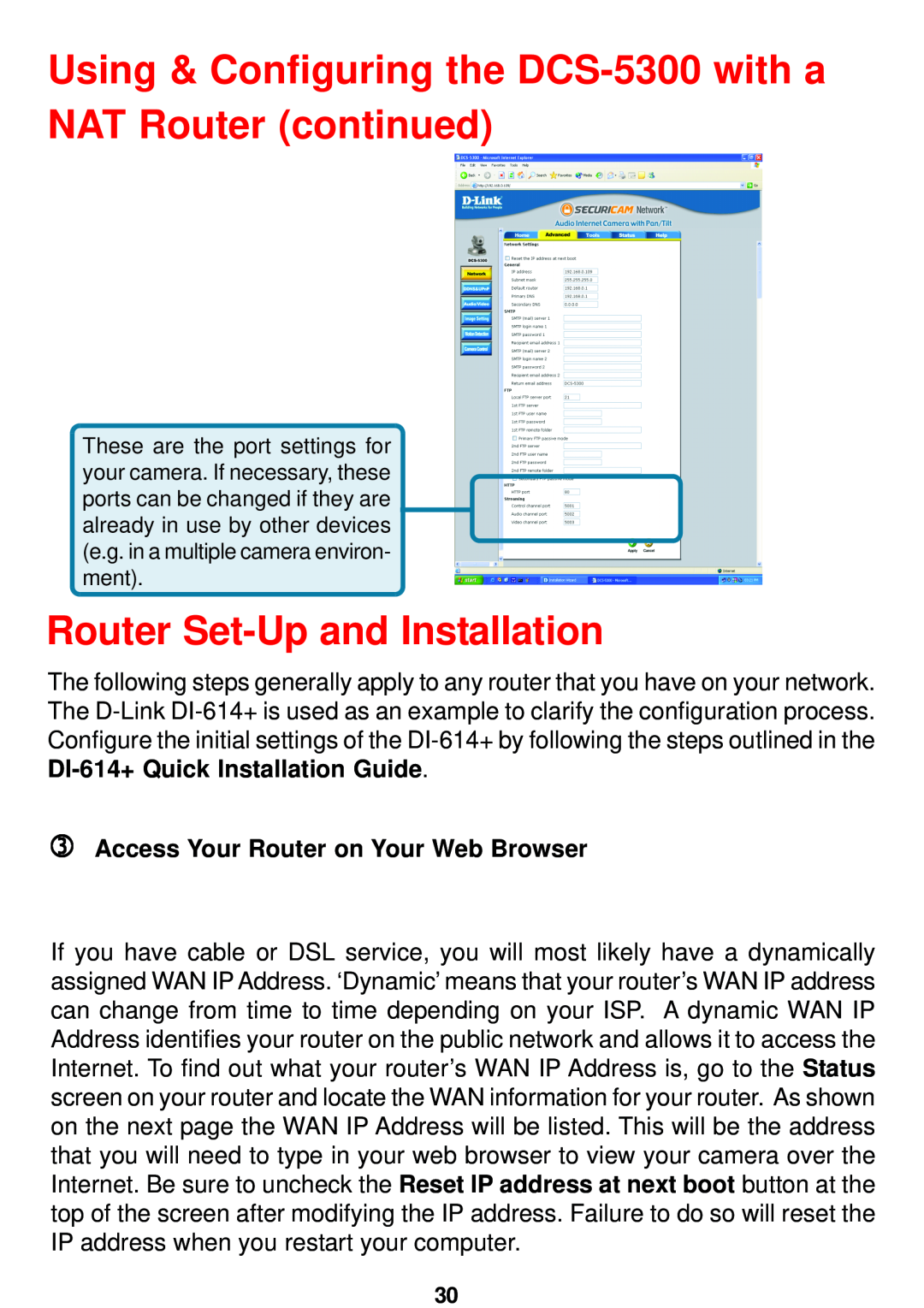 D-Link manual Router Set-Up and Installation, Using & Configuring the DCS-5300 with a NAT Router continued 