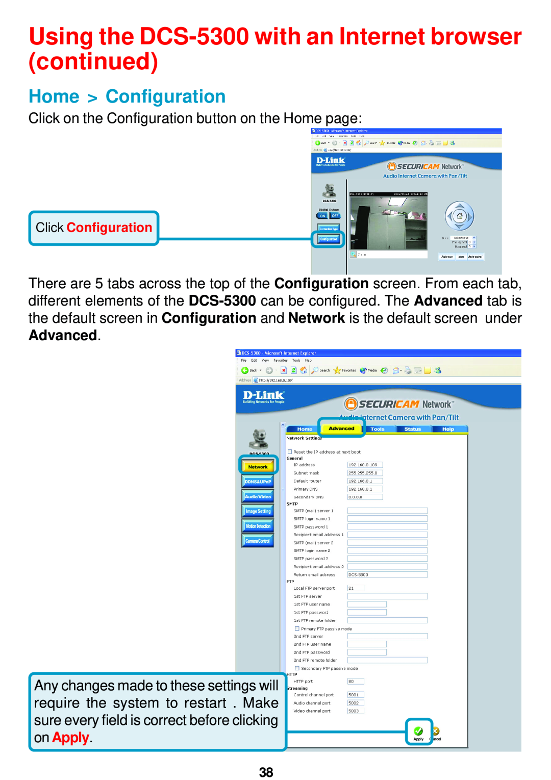 D-Link manual Home Configuration, Using the DCS-5300 with an Internet browser continued 