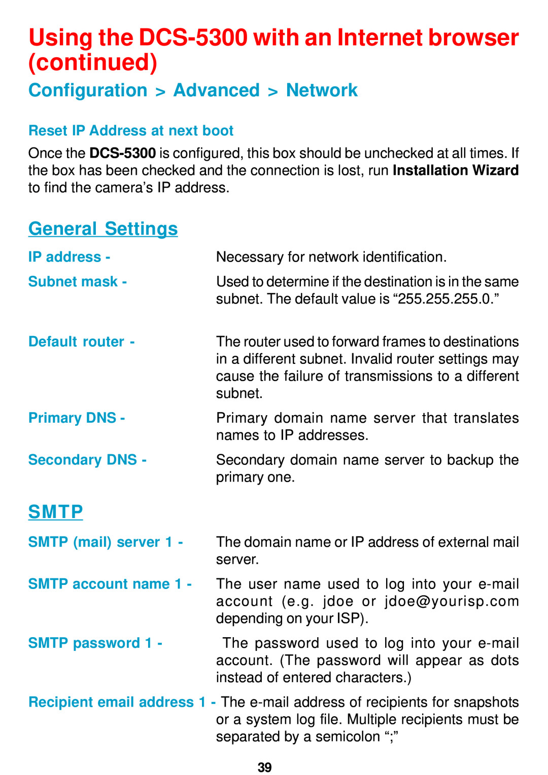 D-Link DCS-5300 manual Configuration Advanced Network, General Settings, Smtp, Reset IP Address at next boot, IP address 